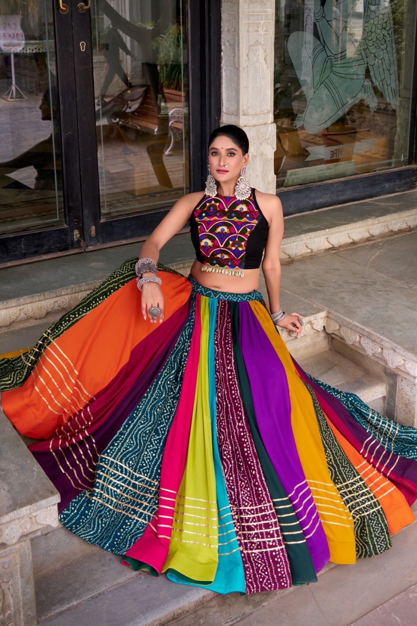 Rainbow Designer Pre Rayon Original Mirror With Gamthi Work Navratri Lehenga Choli