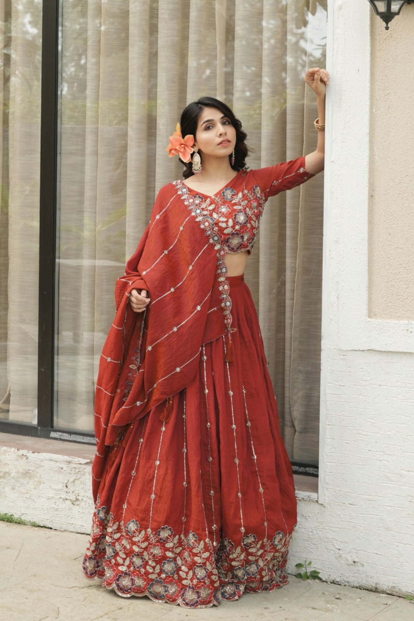 Luxury Rust Fenta Silk Lehenga Choli With Heavy Floral Embroidery And Designer Dupatta For Wedding Wear