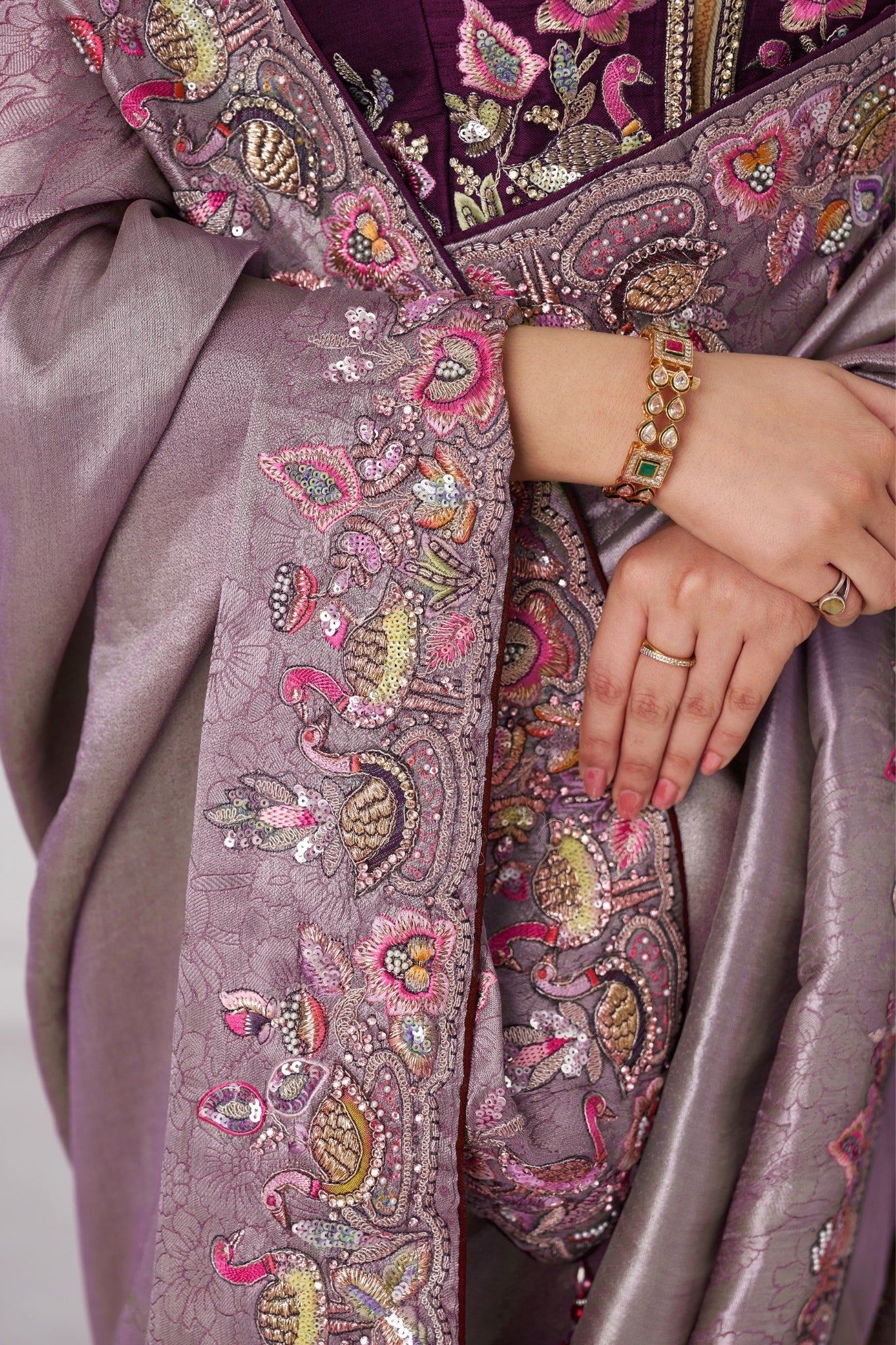 Mauve Luxury Wedding Saree With Multi-Thread Bead Embroidery & Sequin Work