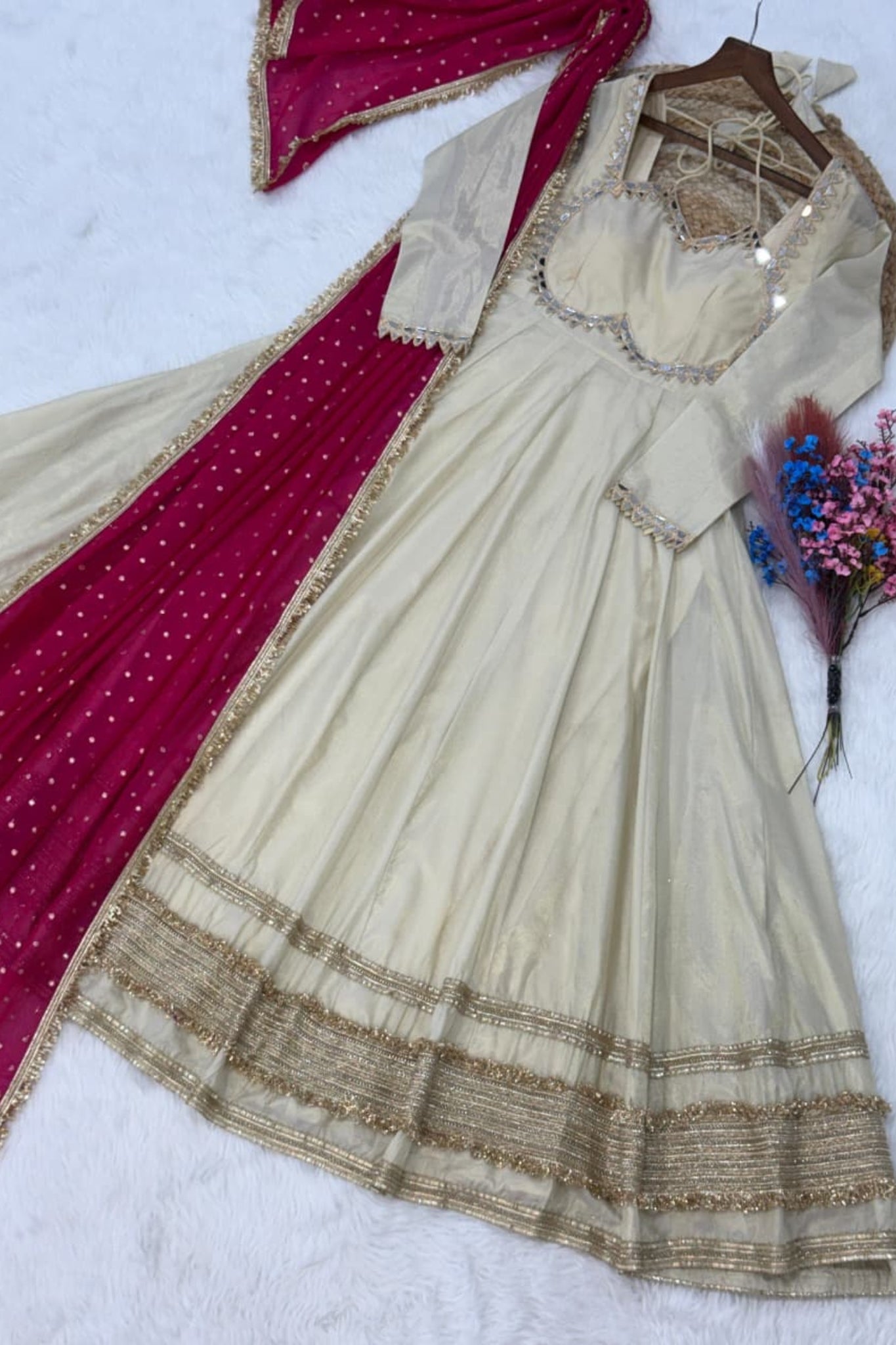Cosmos Real Mirror Work Designer Embroidered Anarkali Gown With Dupatta
