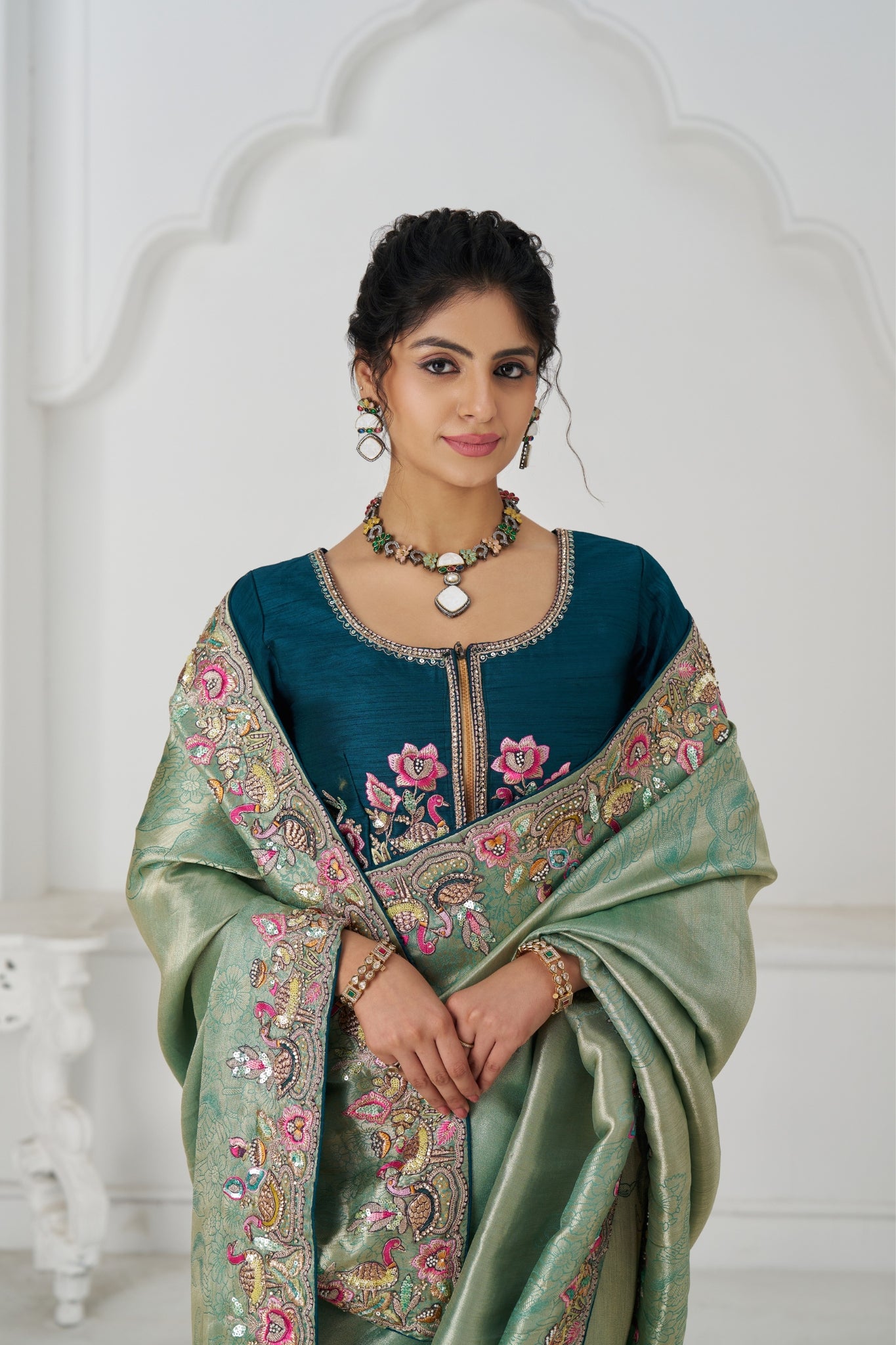 Green Luxury Wedding Saree With Multi-Thread Bead Embroidery & Sequin Work