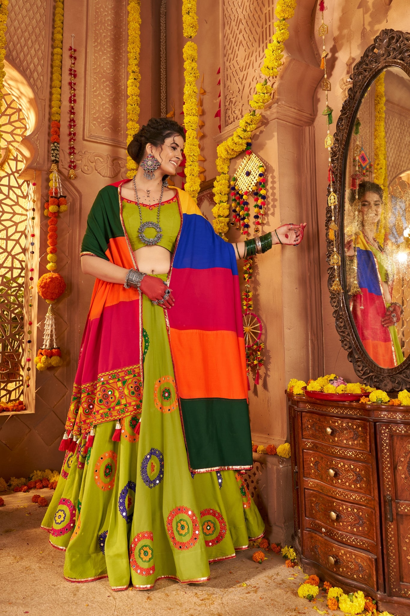 Viscose Cotton Elegant Thread Embroidered With Mirror Work Traditional Navratri Lehenga Choli