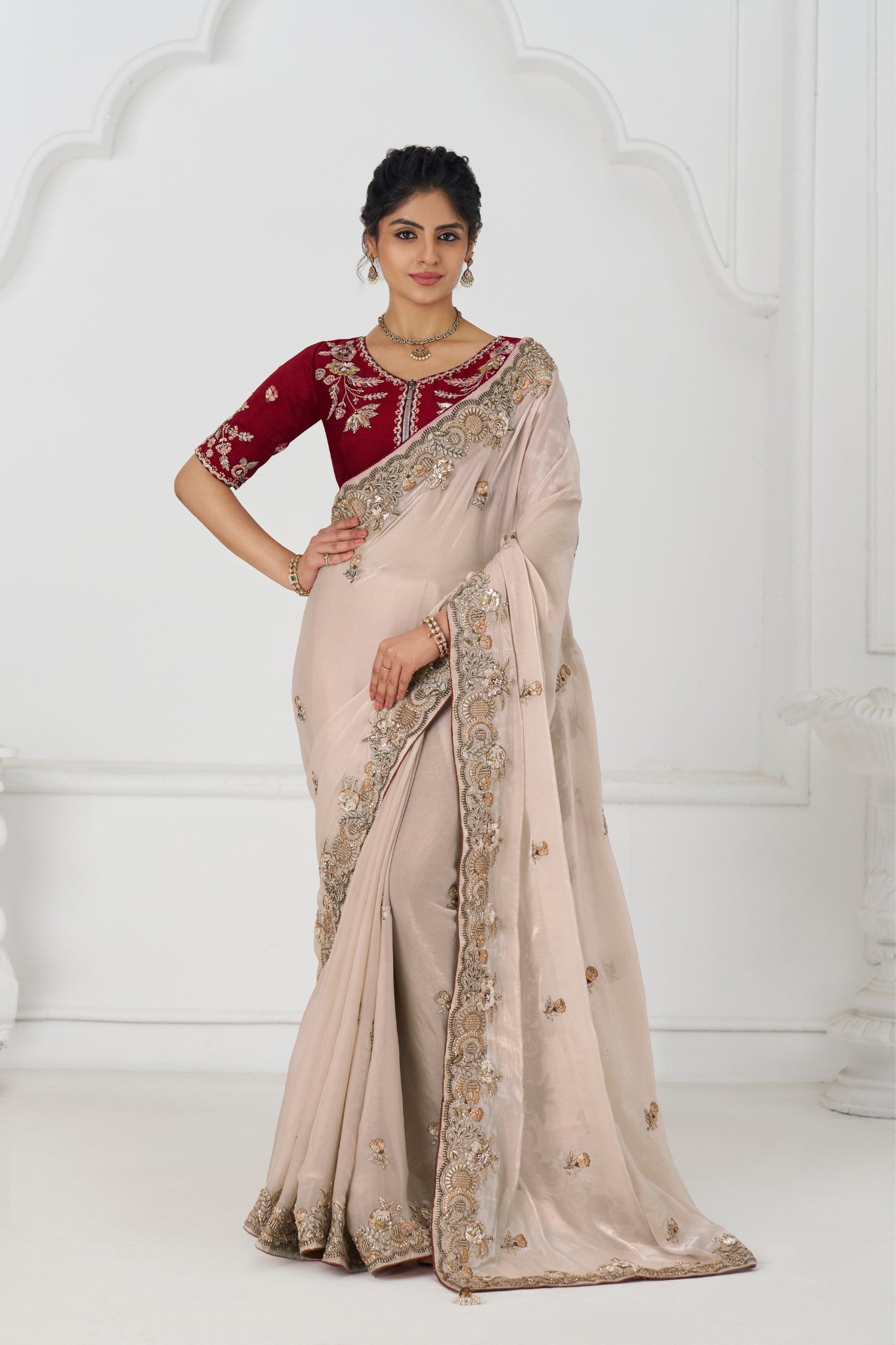 Premium Pure Fendi Silk Designer Chiku Wedding Saree