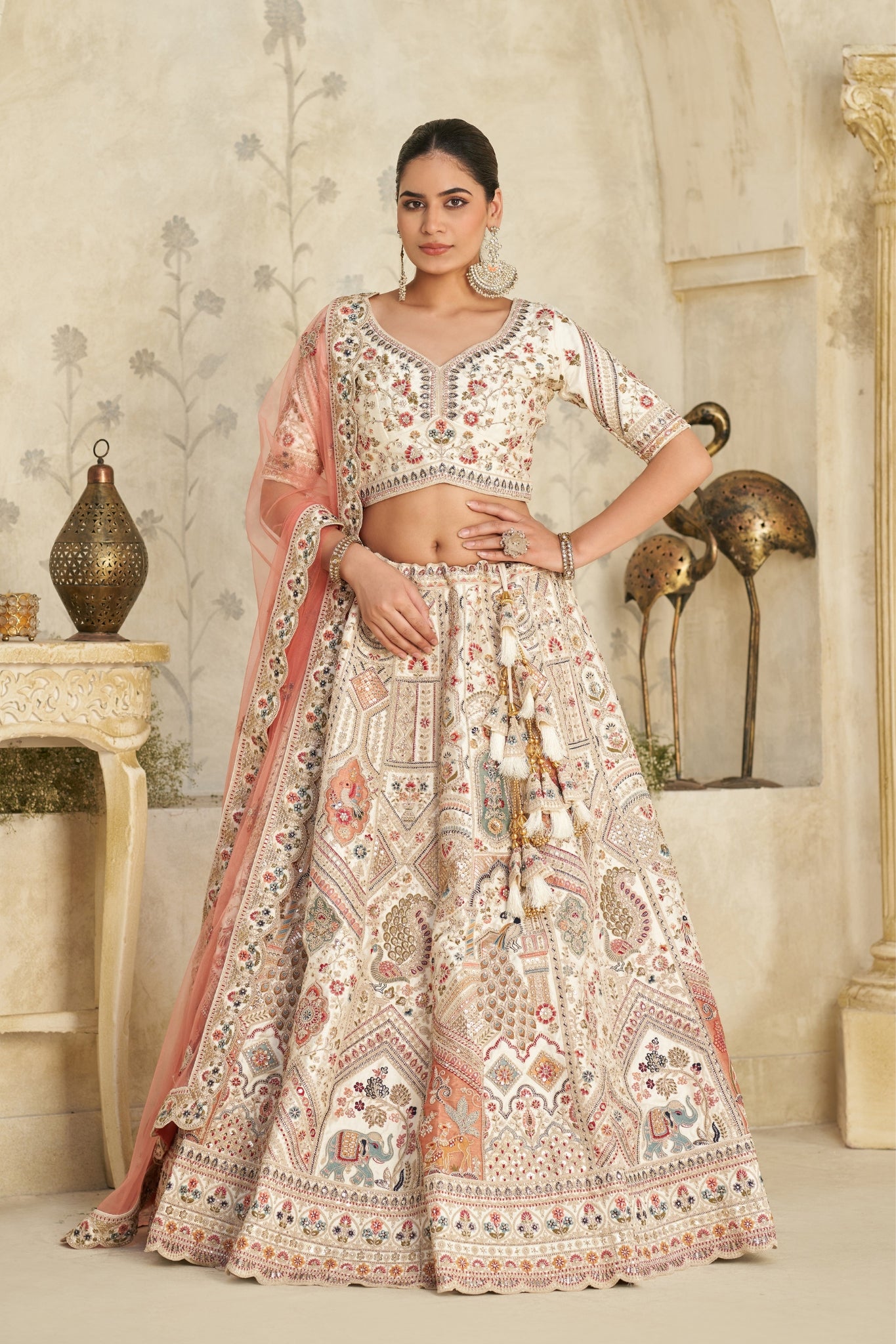 Royal Grandeur Cream Zari Embroidered Bridal Lehenga