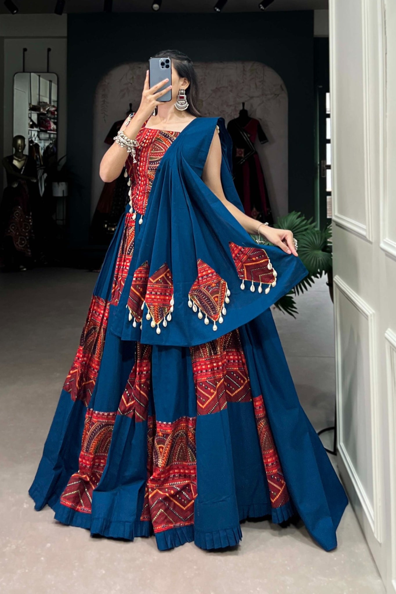 Blue Designer Printed With Foil Work Ready Made Navratri Lehenga Choli