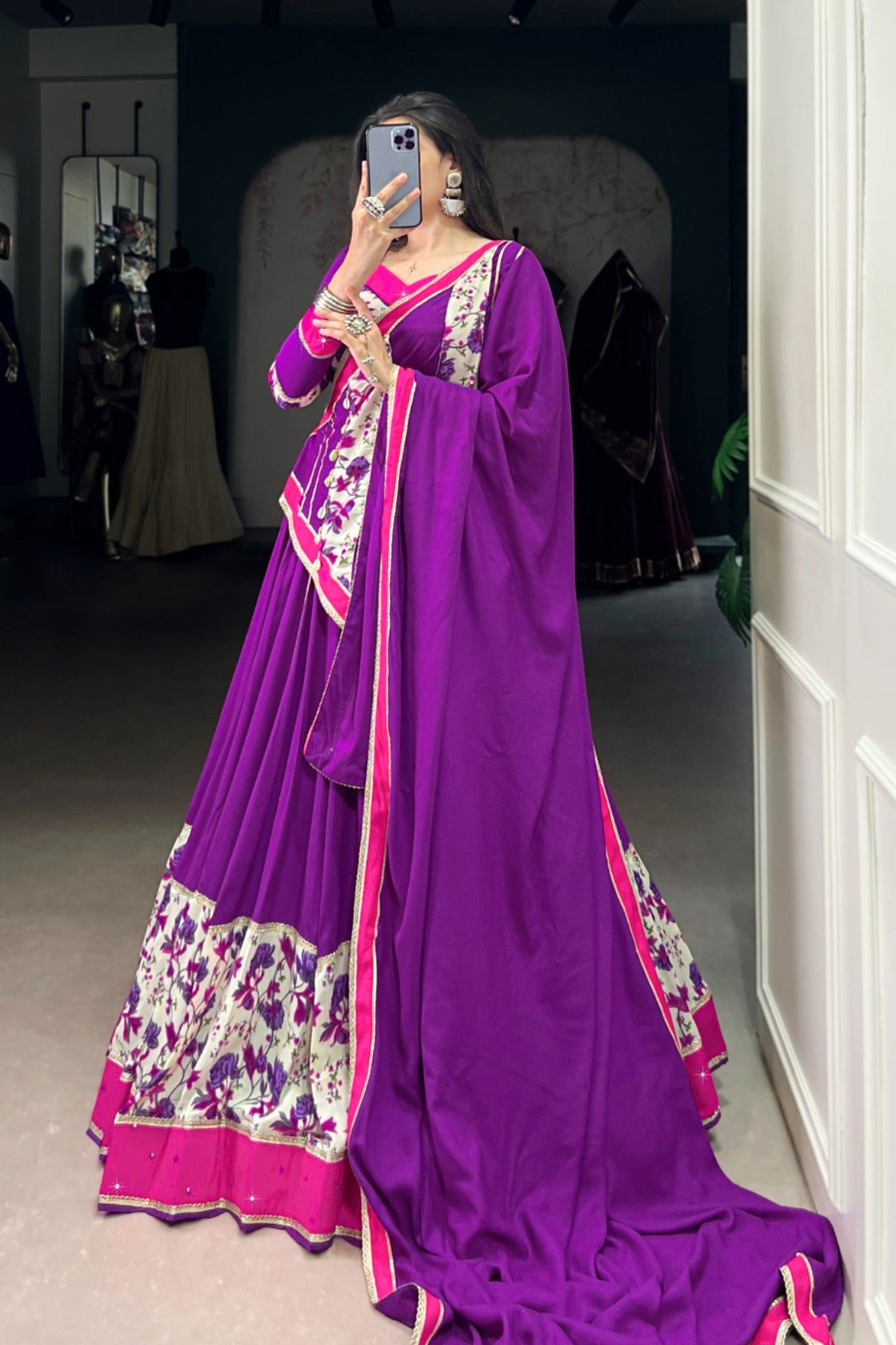 Purple Pure Rayon Printed With Original Mirror Hand Work Navratri Lehenga Choli