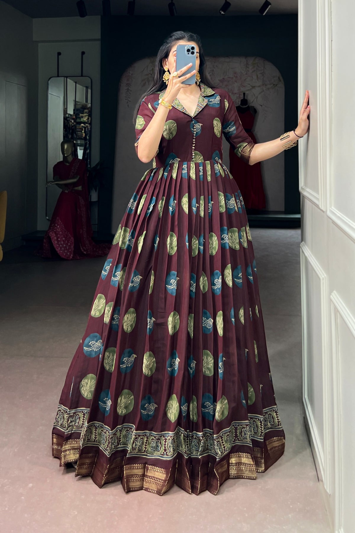Designer Chanderi Printed Gown For Festive Wear