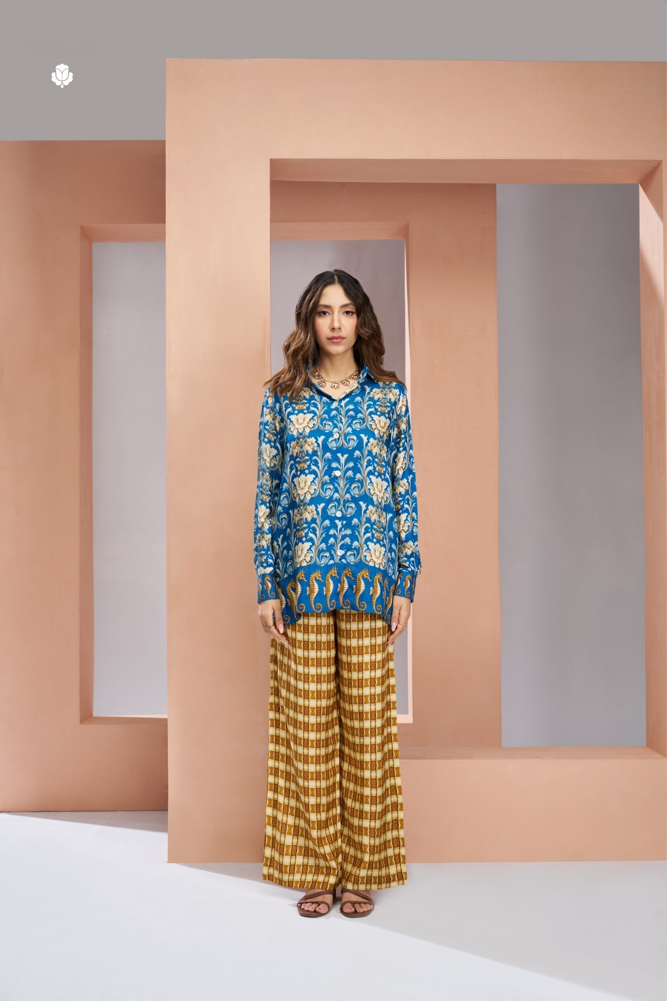 Royal Blue Floral Designer Pure Muslin Silk Co Ord Set