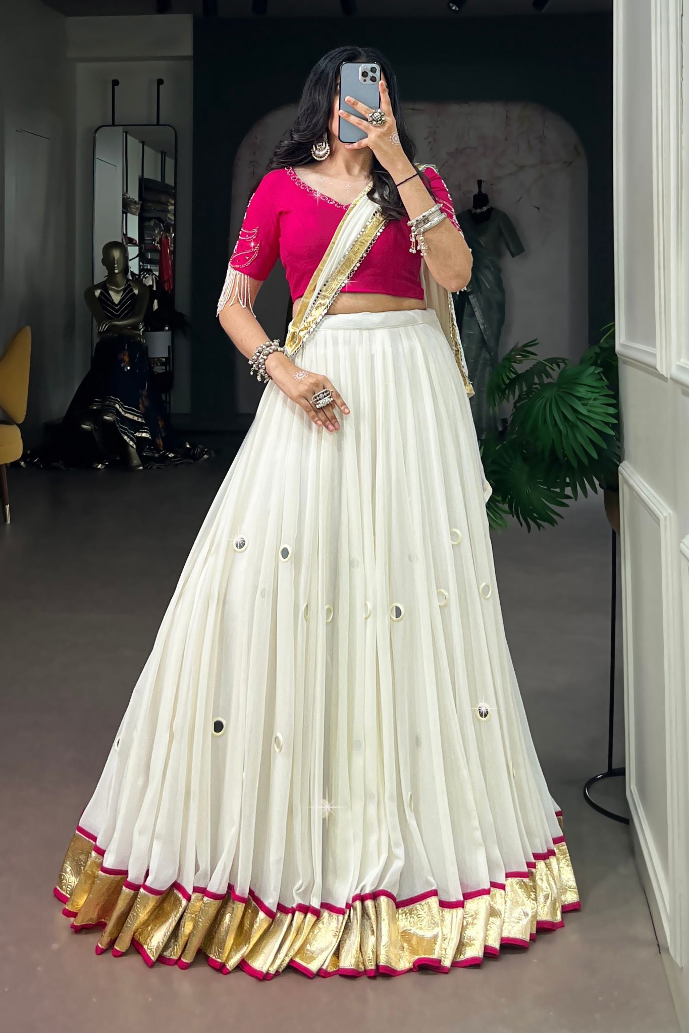 Raasrang Moonlight White Navratri Designer Lehenga Choli With Pink Blouse