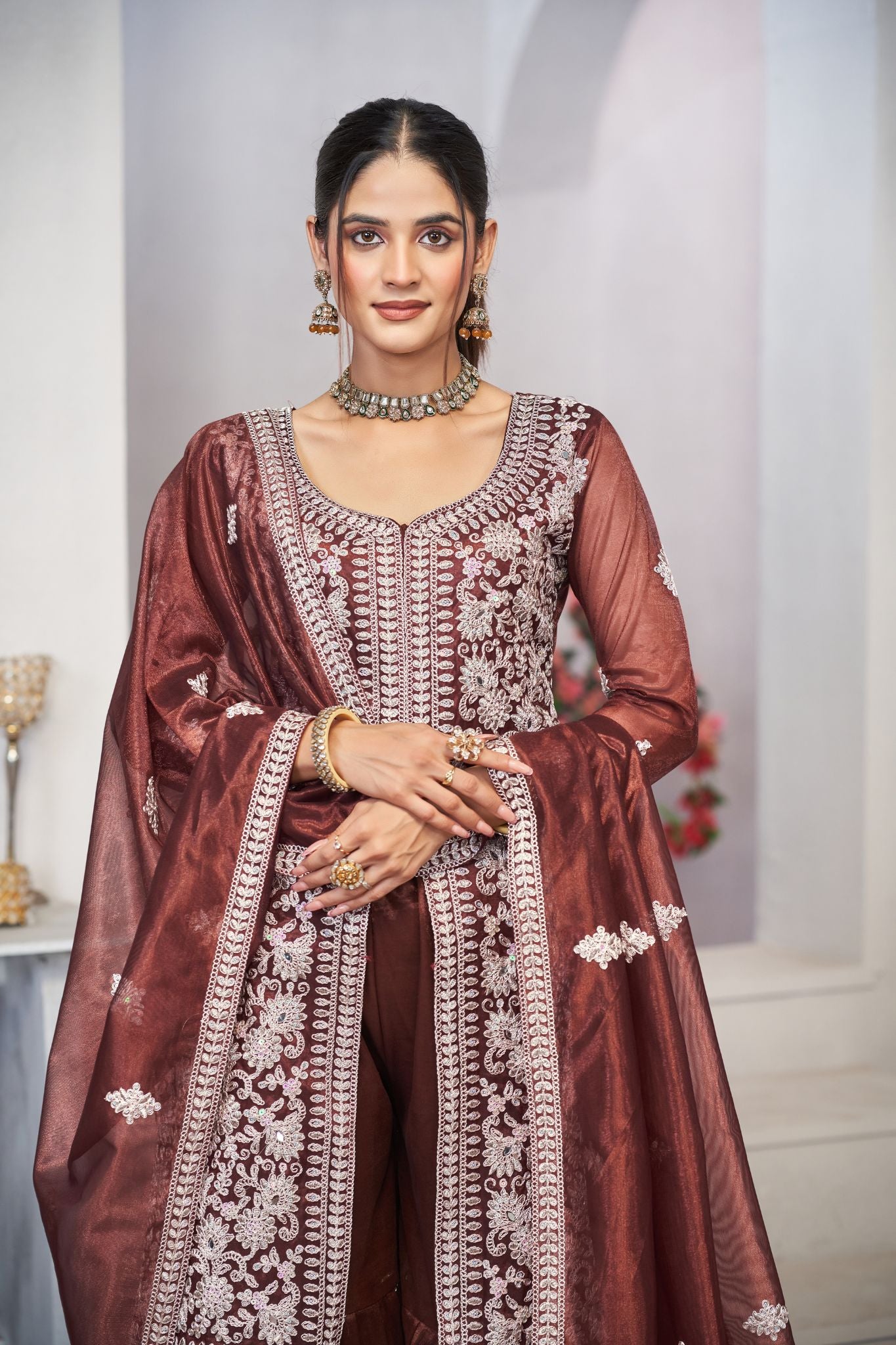 Brown Sequins Embroidered With Real Mirror Work Sharara Set Of 3