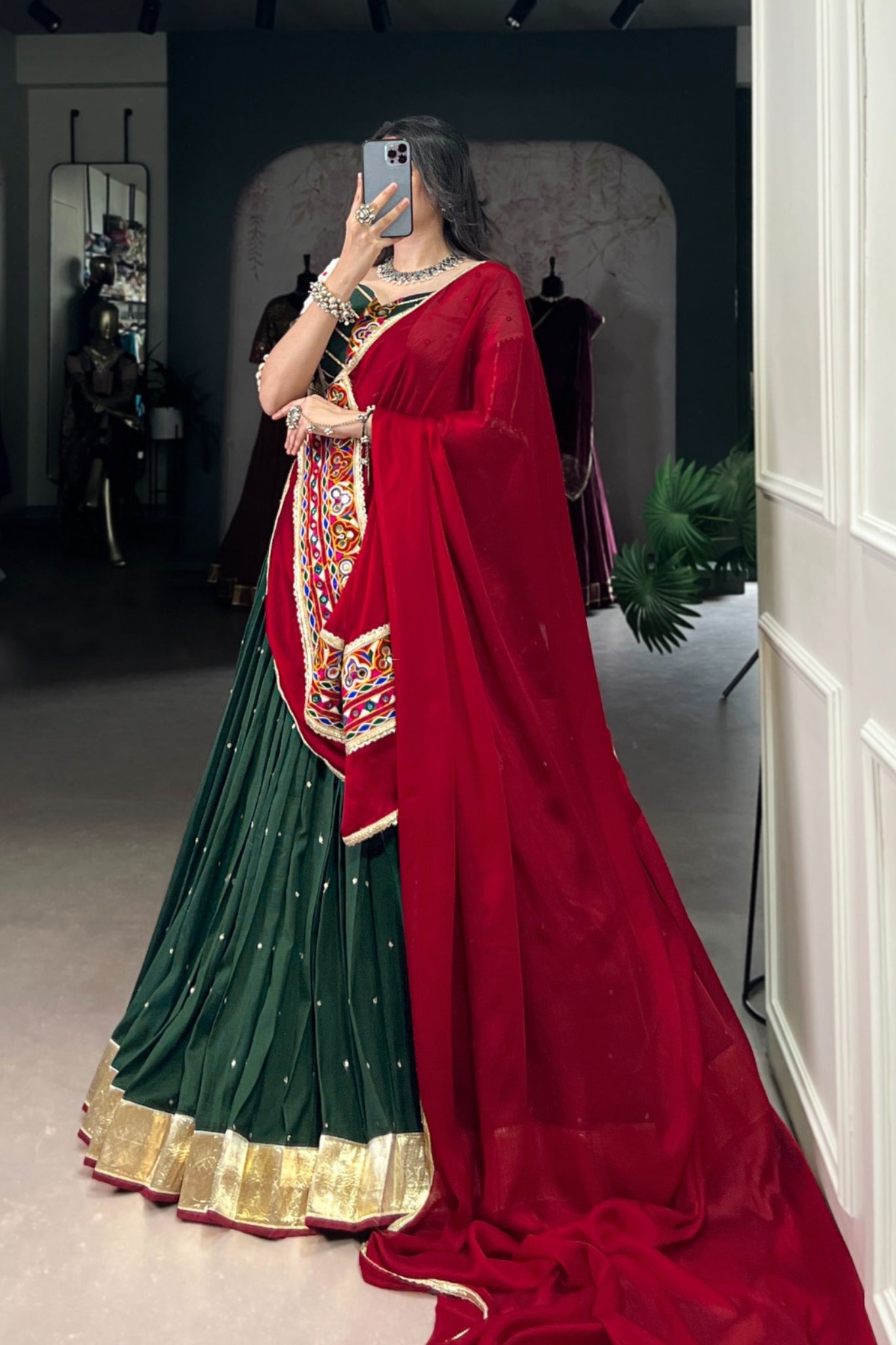 Green Sequins Thread Embroidered Embossed Designer Navratri Lehenga Choli