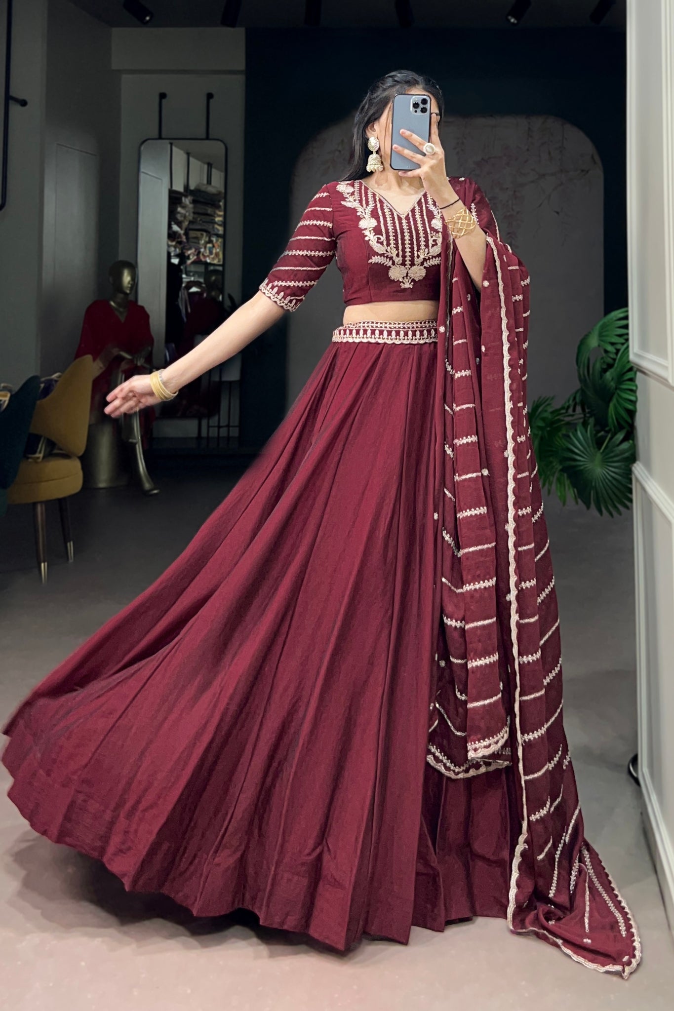 Premium Maroon Rangoli Crush Lehenga Choli Set