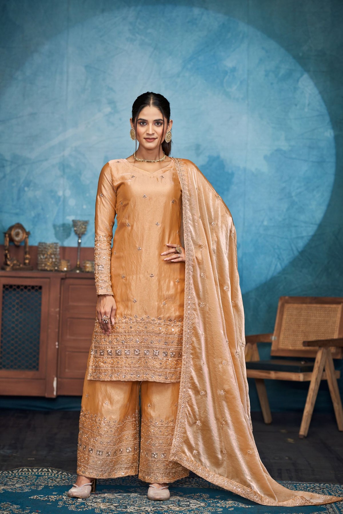 Gold Fendi Thread Embroidered With Sequins Work Sharara Set Of 3