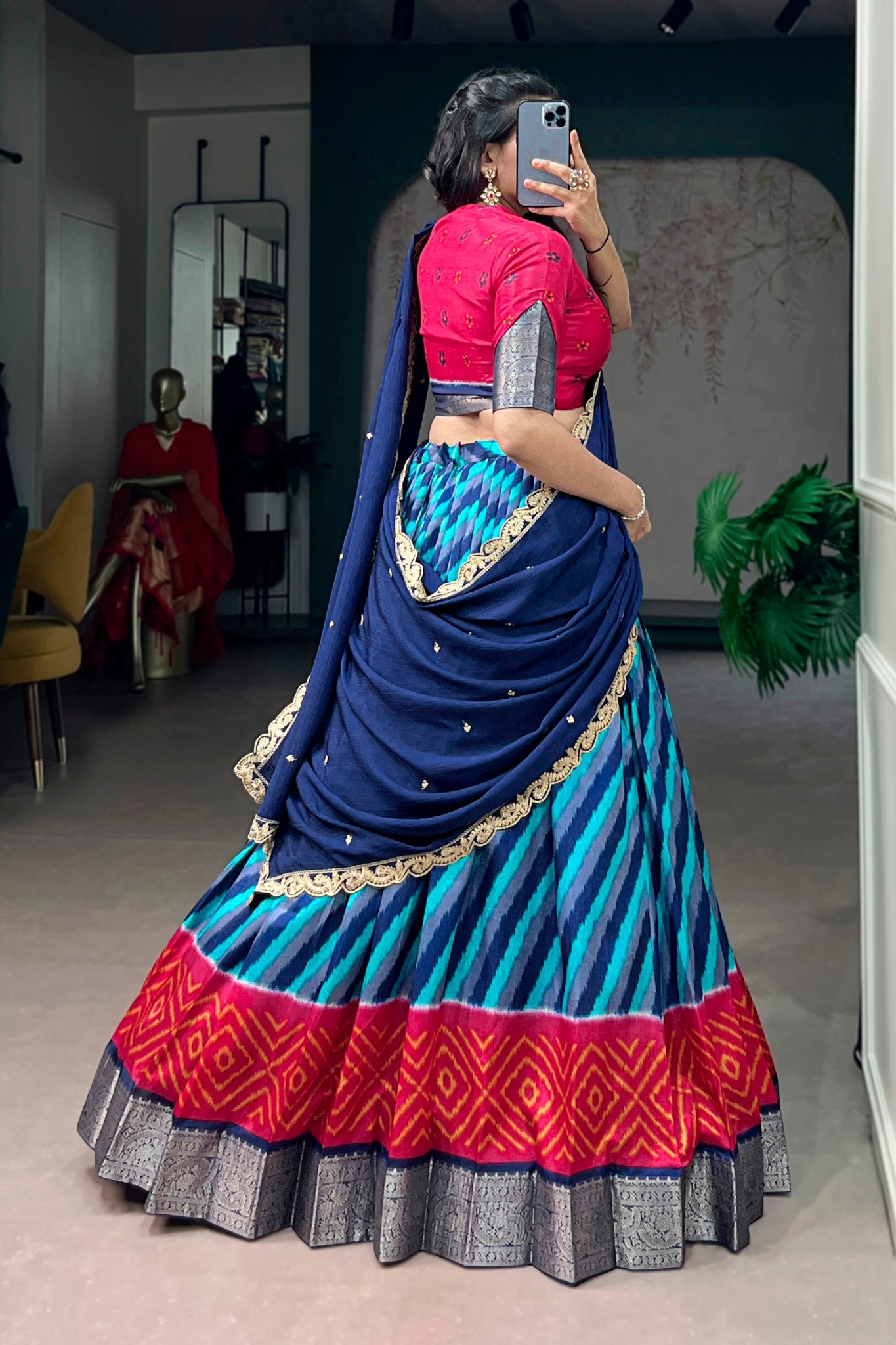 Designer Tasar Silk Leheriya Print Lehenga Choli