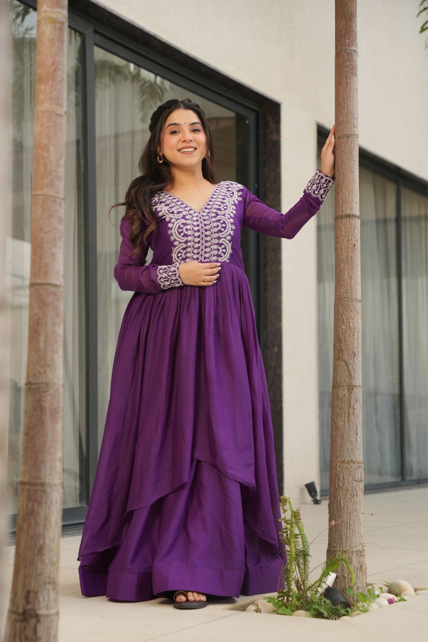 Georgette Embroidered Beads Sequins Work Double Flair Wedding Stylish Gown