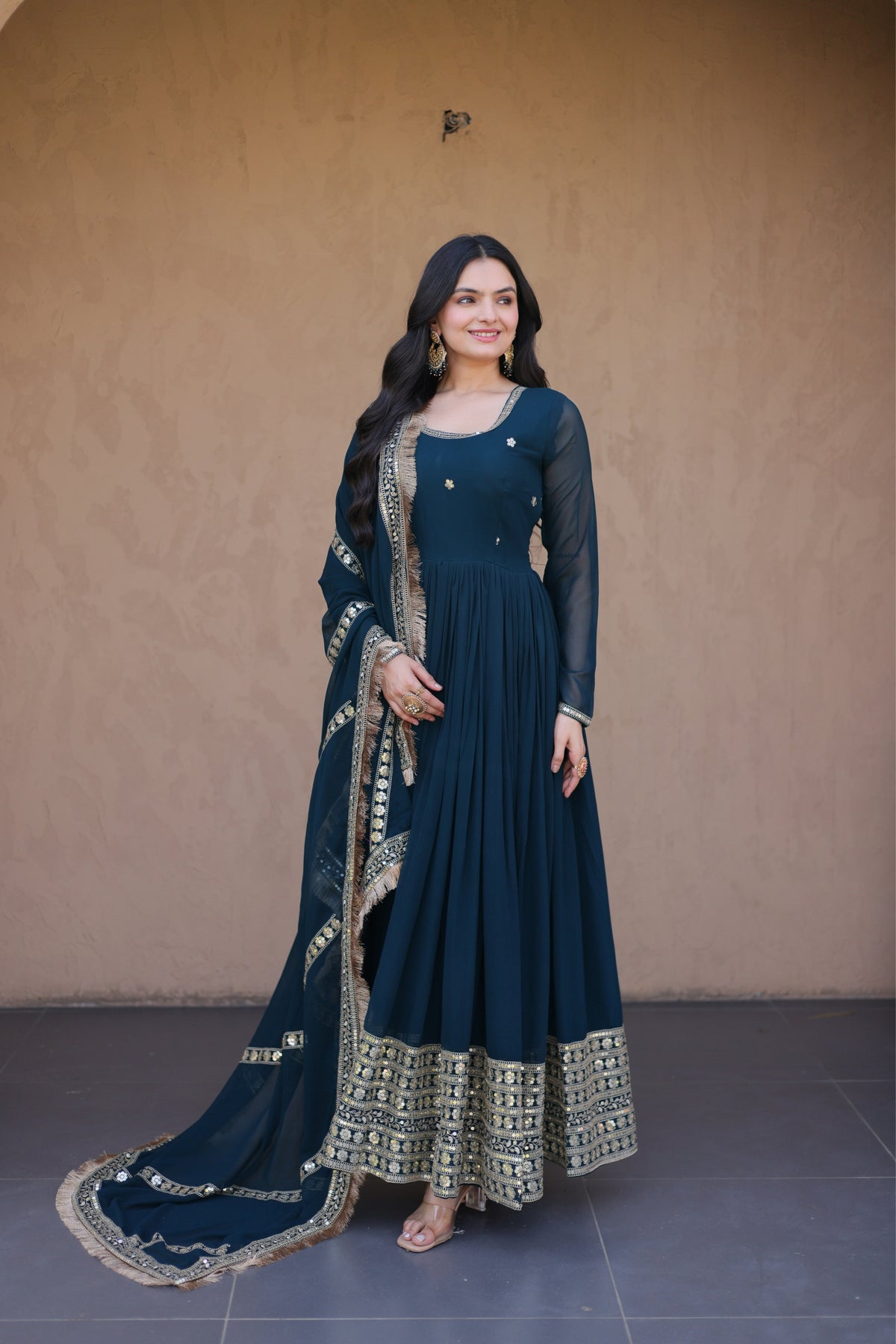 Designer Faux Blooming Anarkali Gown With Dupatta Set