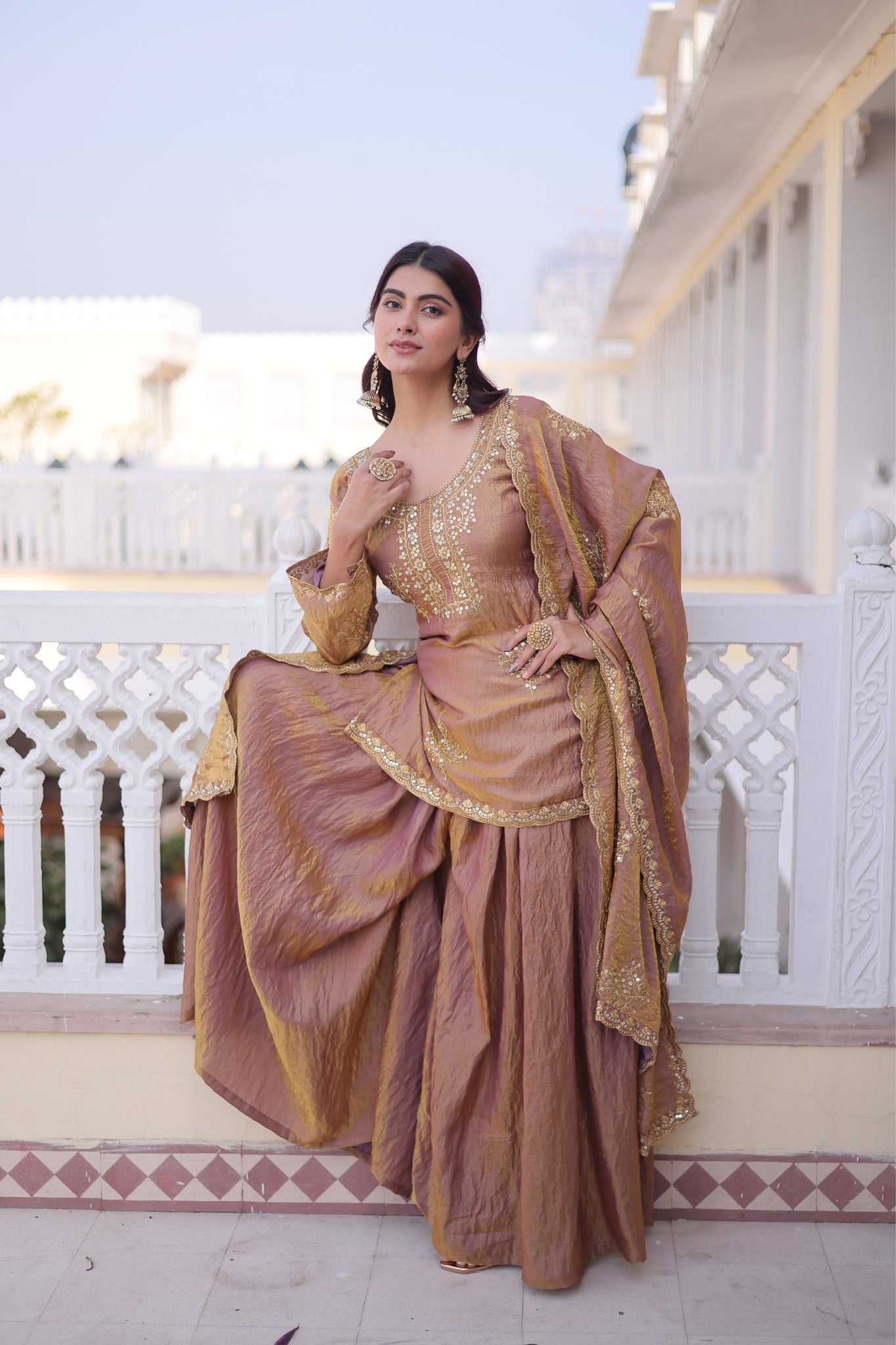 Fendi Crush Zari Sequins Embroidered Kurti Sharara Set With Designer Dupatta