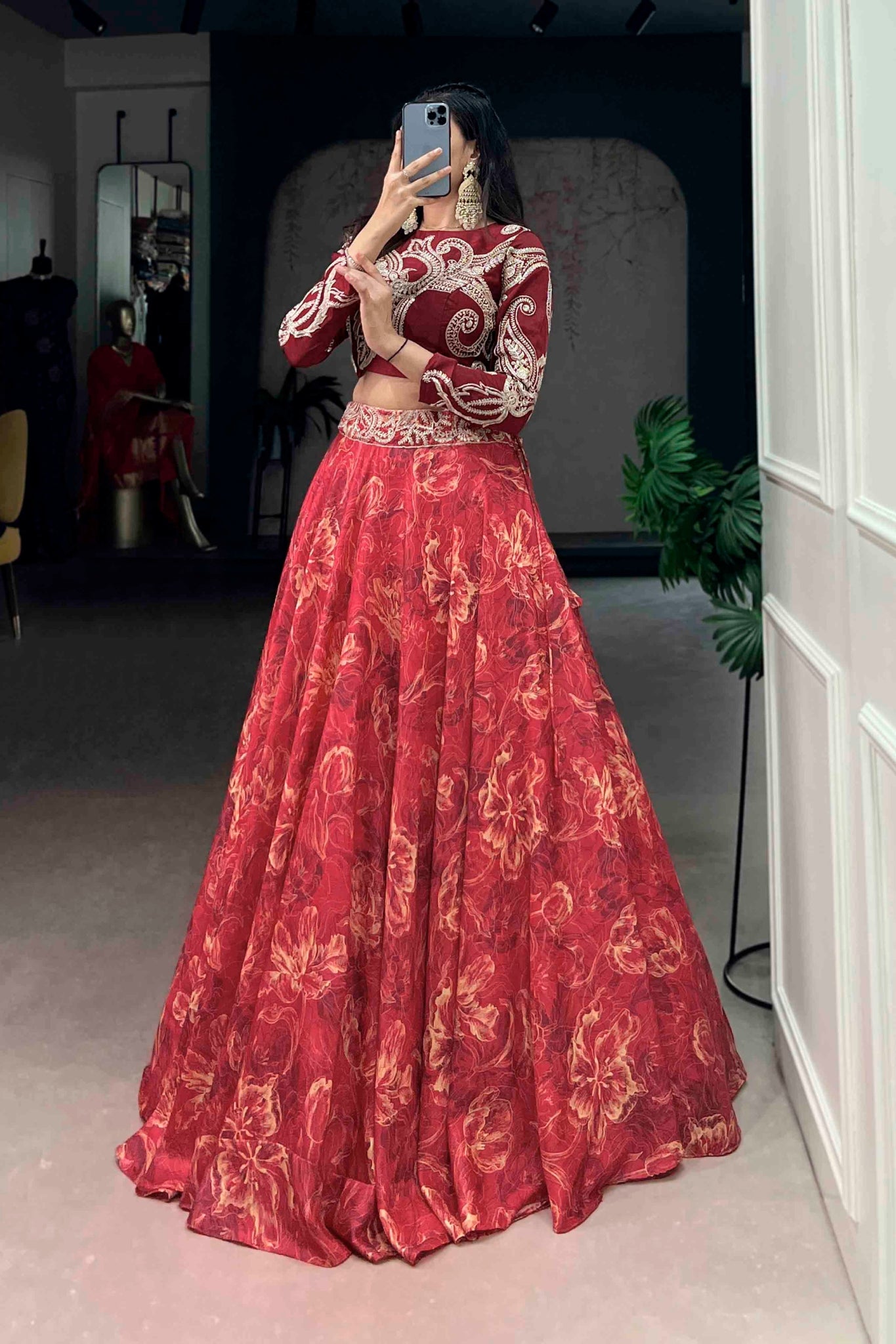 Floral Printed Tasar Silk Lehenga Choli