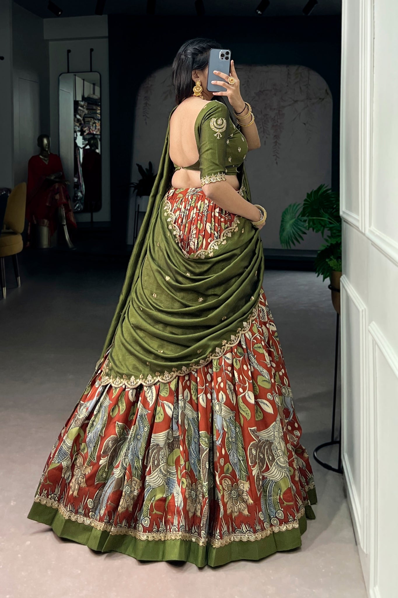 Premium Kalamkari Tasar Silk Lehenga Choli With Embroidered Dupatta