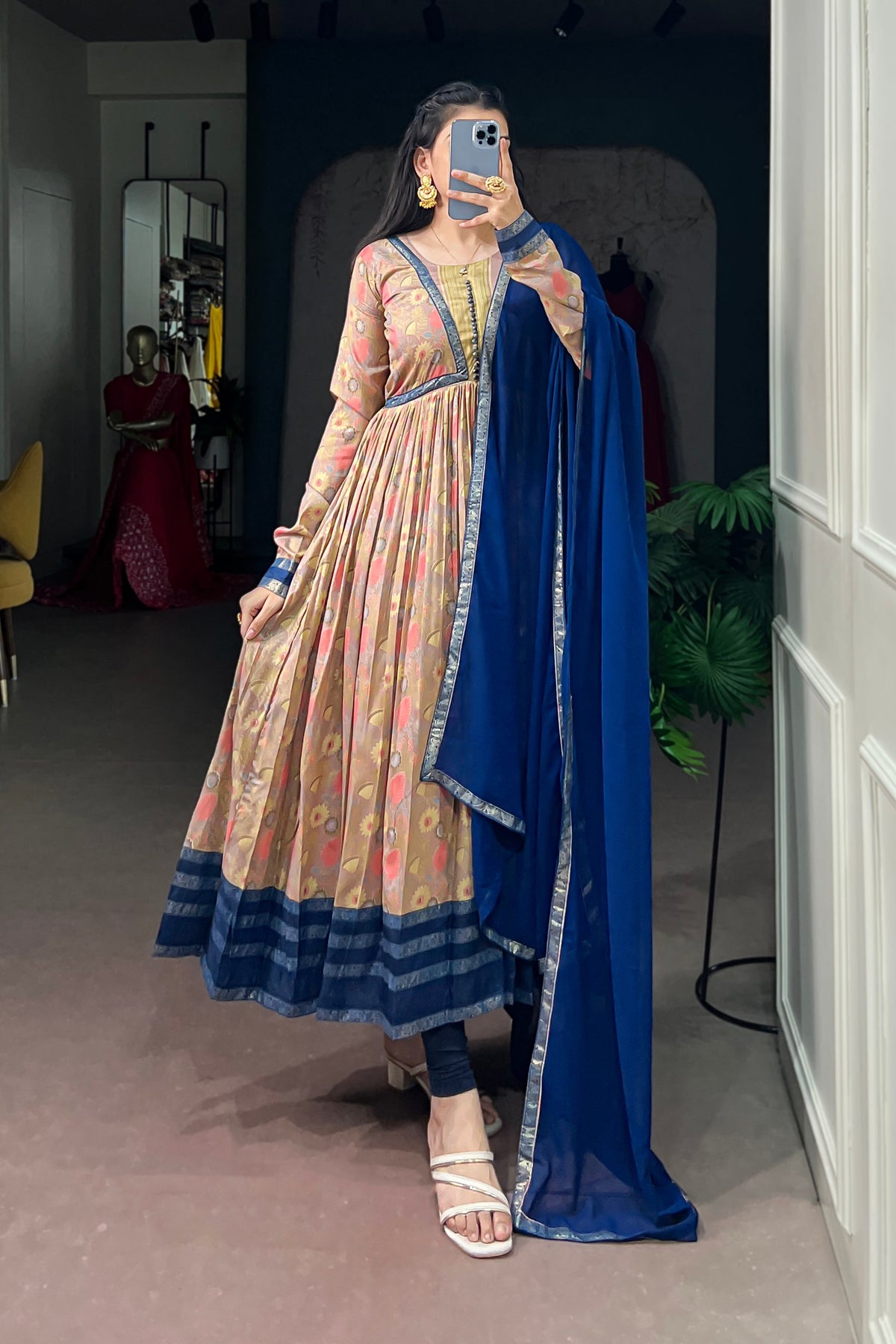 Tasar Silk Floral Print Anarkali Dress with Foil Work & Georgette Lace Border Dupatta