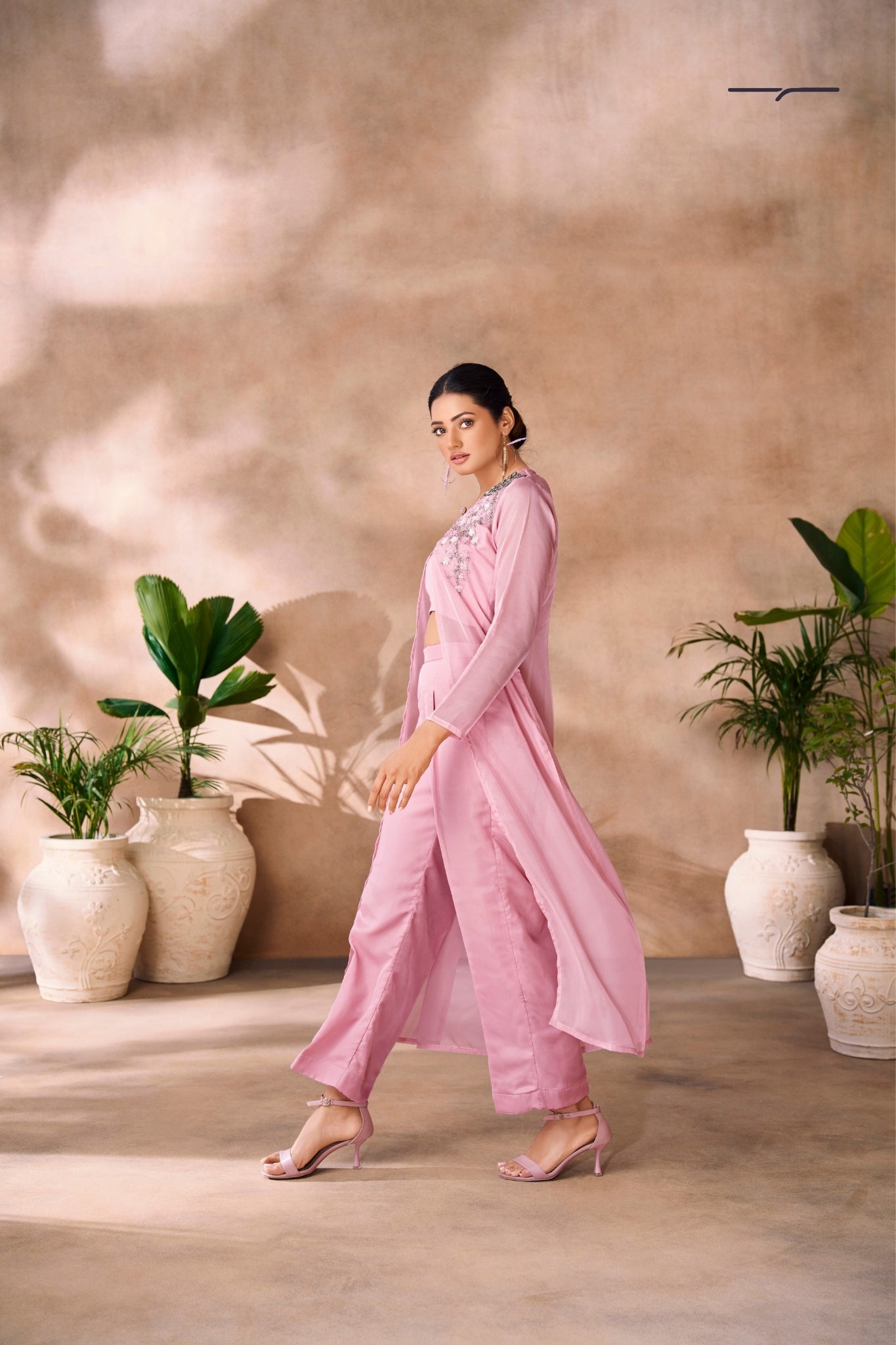 Baby Pink Premium Organza Co Ord Set With Handcrafted Floral Embellishments