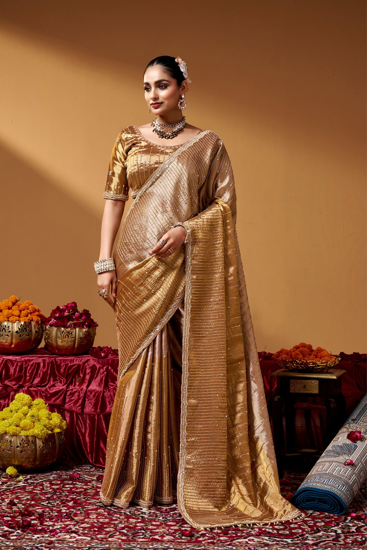 Kanjivaram Zari Tissue Designer Hand Embroider And Tube Beads Wedding Saree