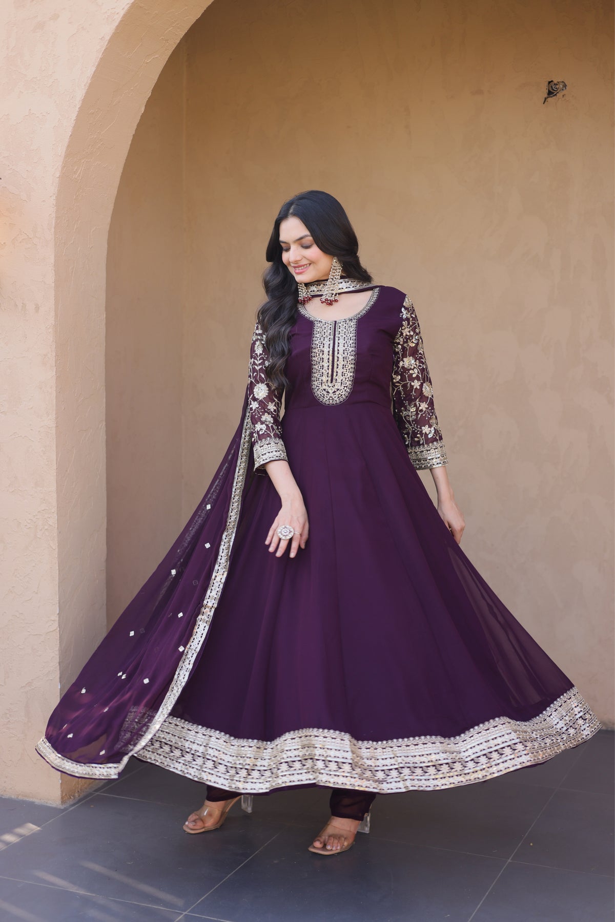 Designer Sequins Embroidered Anarkali Gown With Dupatta Set