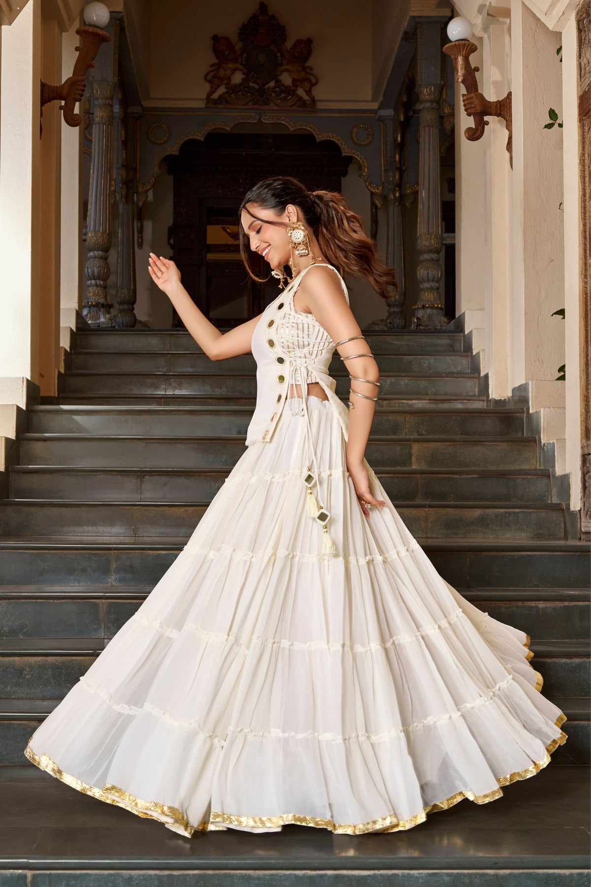 14 Meter Full Gher Navratri Showstopper Lehenga Choli With Mirror Koti