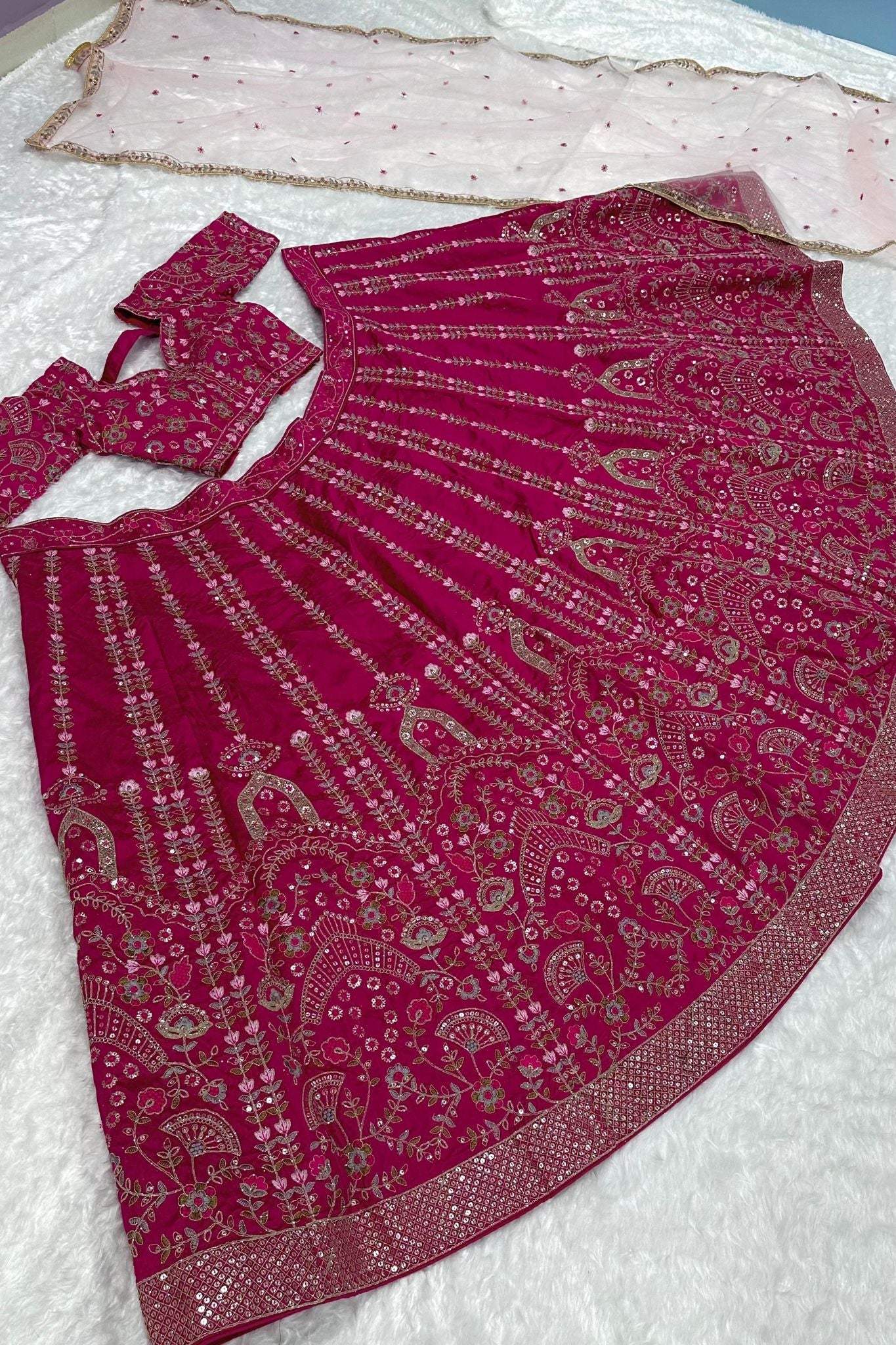 Slub Silk Embroidered Pink Color Bridal Lehenga Choli For Woman