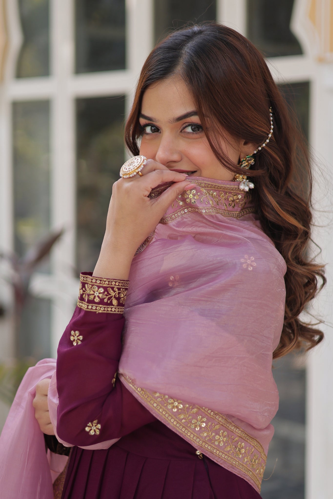 Plum Embroidered Georgette Anarkali Set