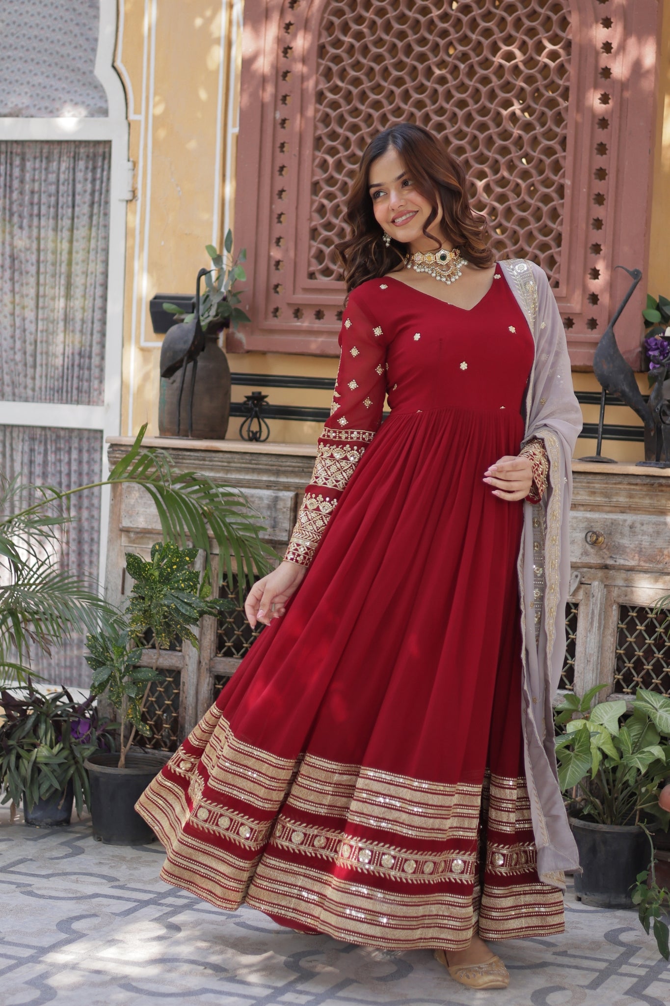 Traditional Maroon Embroidery Sequins Work Anarkali Suit Set