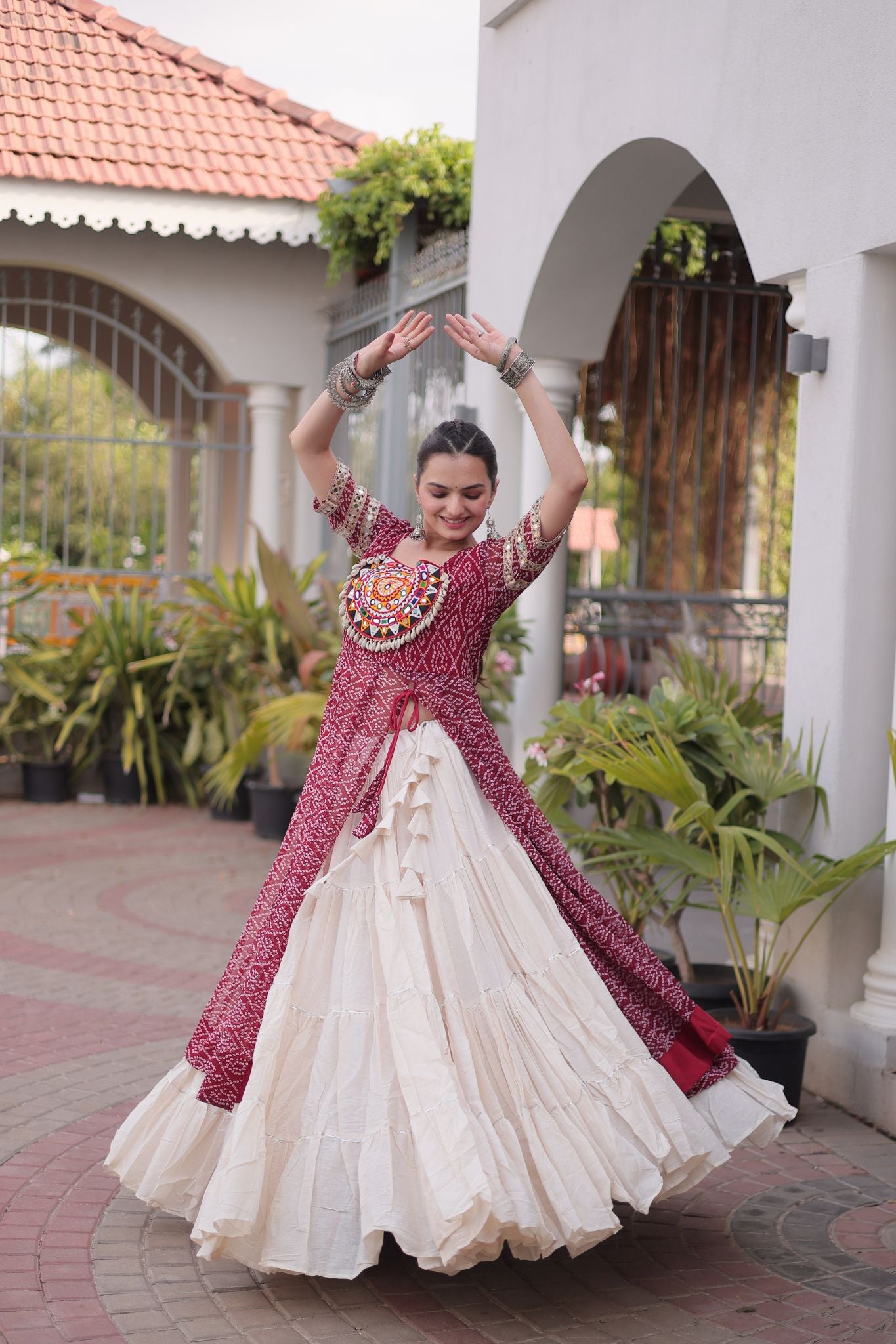 Raasrang Navratri Designer Kora Cotton Lehenga With Kutchi Patchwork Bandhani Print Kurti For Garba & Dandiya