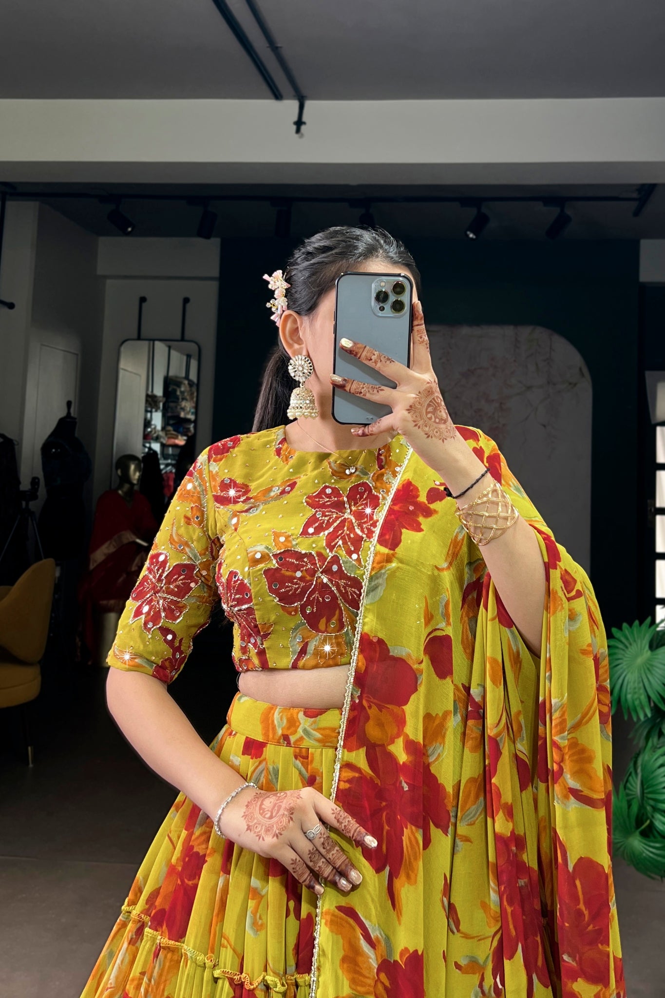 Floral Marble Print Lehenga Choli Set For Women