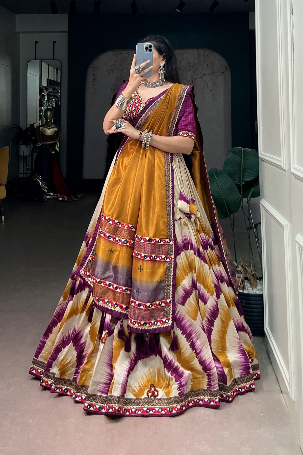 Tasar Silk Tie & Dye With Gamthi Work Navratri Lehenga Choli