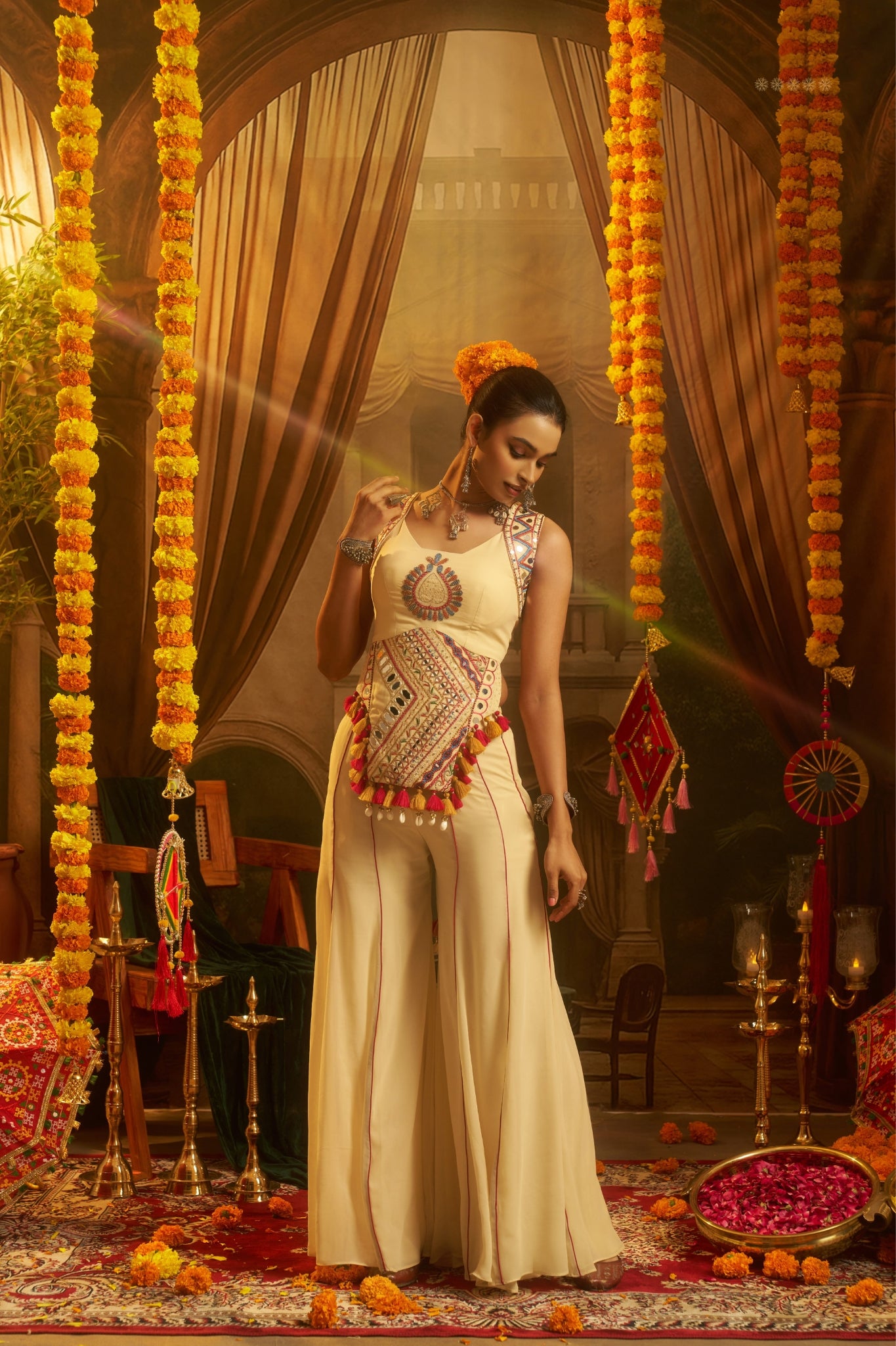 Cream Georgette Designer Festive Set With Thread, Mirror And Shell Handwork