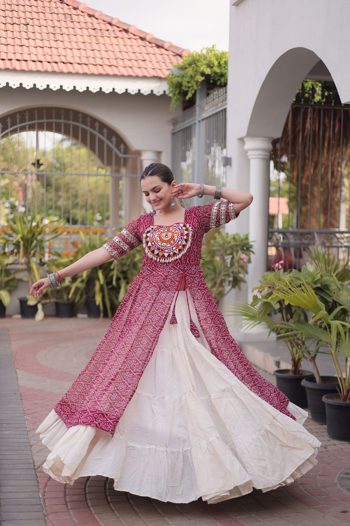 Raasrang Navratri Designer Kora Cotton Lehenga With Kutchi Patchwork Bandhani Print Kurti For Garba & Dandiya