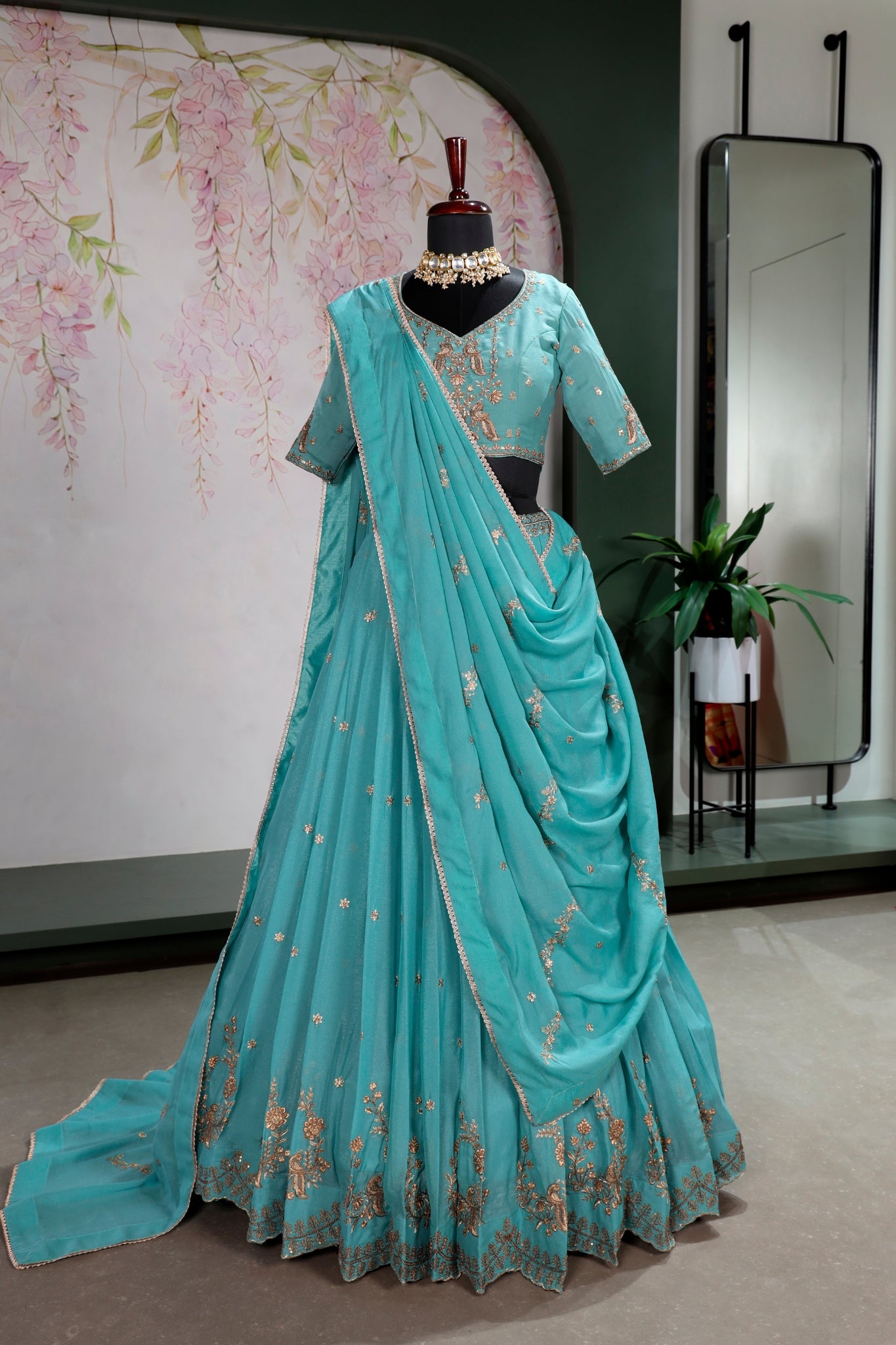 Premium Sky Blue Star Georgette Lehenga Choli Set For Women