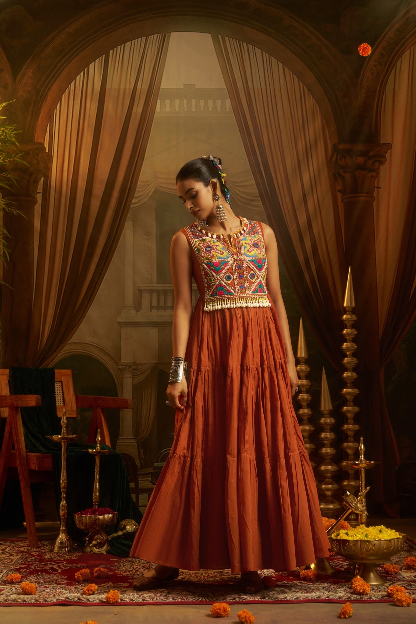 Rust Orange Tiered Anarkali Dress With Hand Embroidered Yoke & Cowrie Shell Fringe