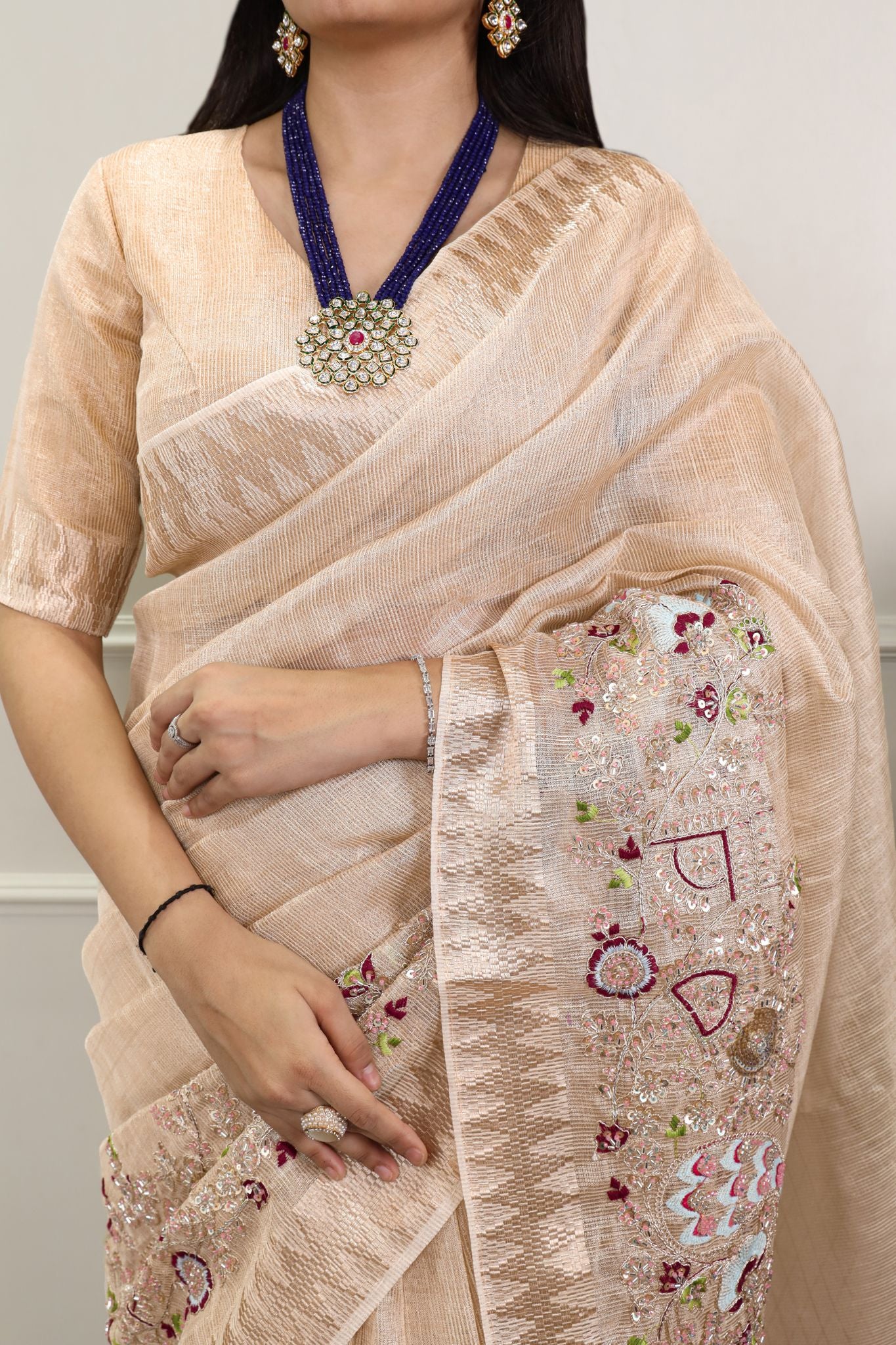 Premium Zari Kota Tissue Saree | Embroidery Beads Work Zari Weaving Border