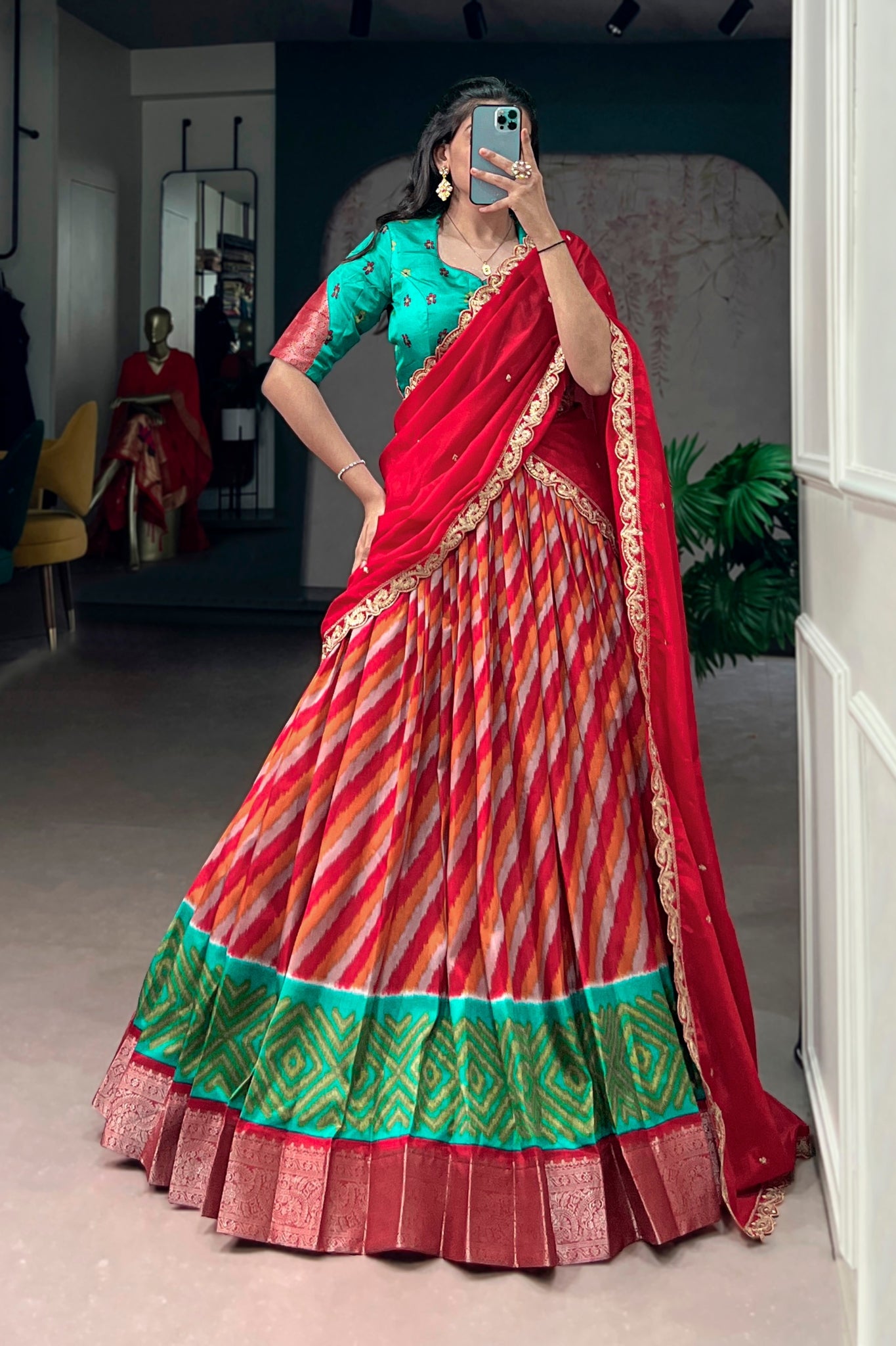 Designer Tasar Silk Leheriya Print Lehenga Choli