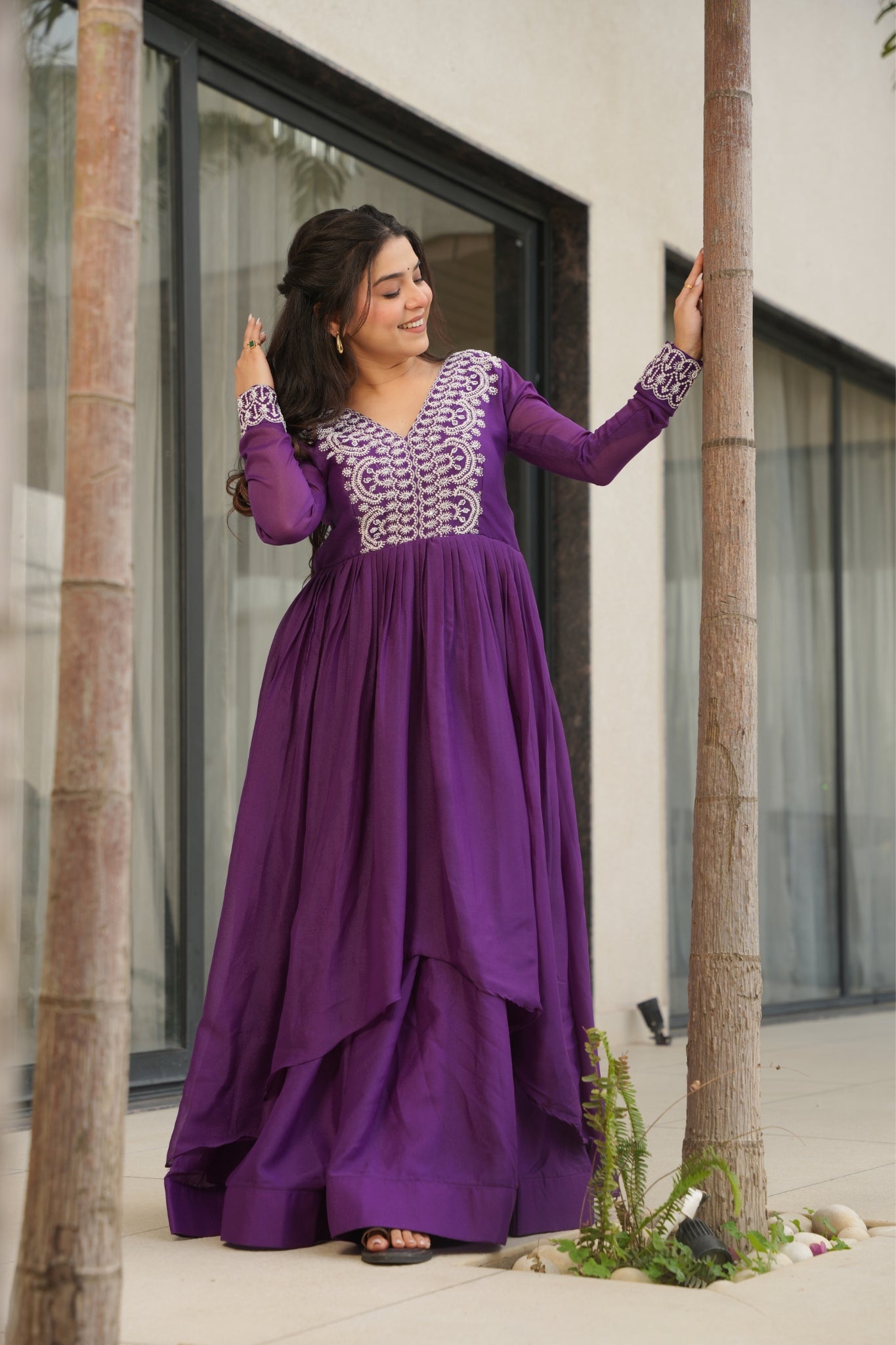 Georgette Embroidered Beads Sequins Work Double Flair Wedding Stylish Gown