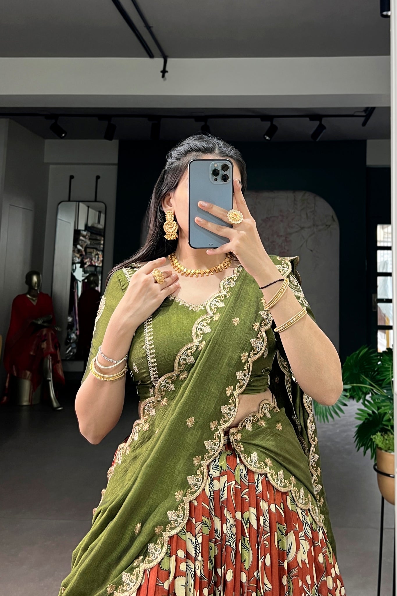 Premium Kalamkari Tasar Silk Lehenga Choli With Embroidered Dupatta