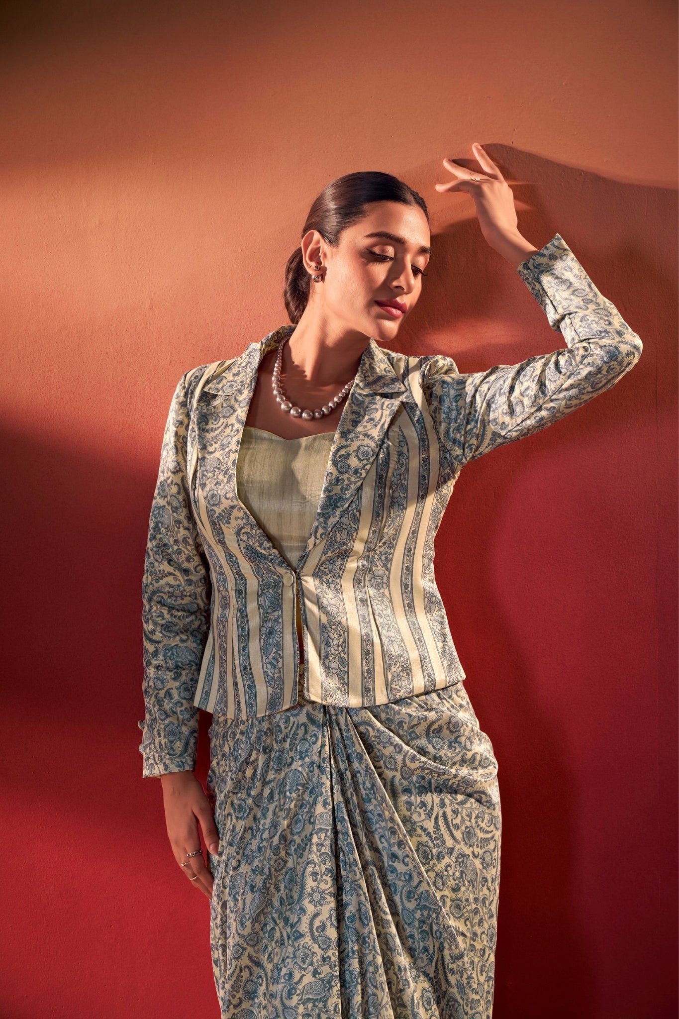 Premium Printed Tasar Silk Co-Ord Set With Draped Skirt & Tailored Jacket