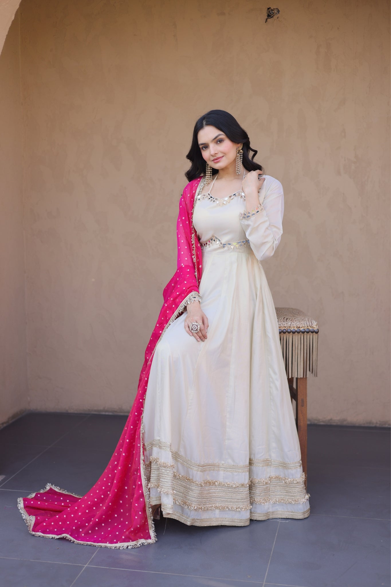 Cosmos Real Mirror Work Designer Embroidered Anarkali Gown With Dupatta