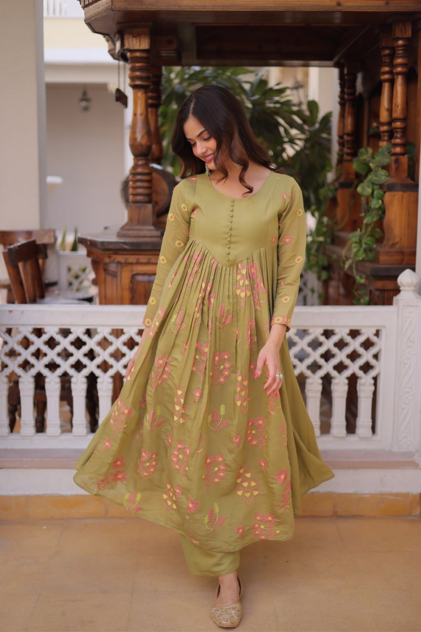 Mal Chanderi Embroidered Anarkali Kurta Pant Set For Women