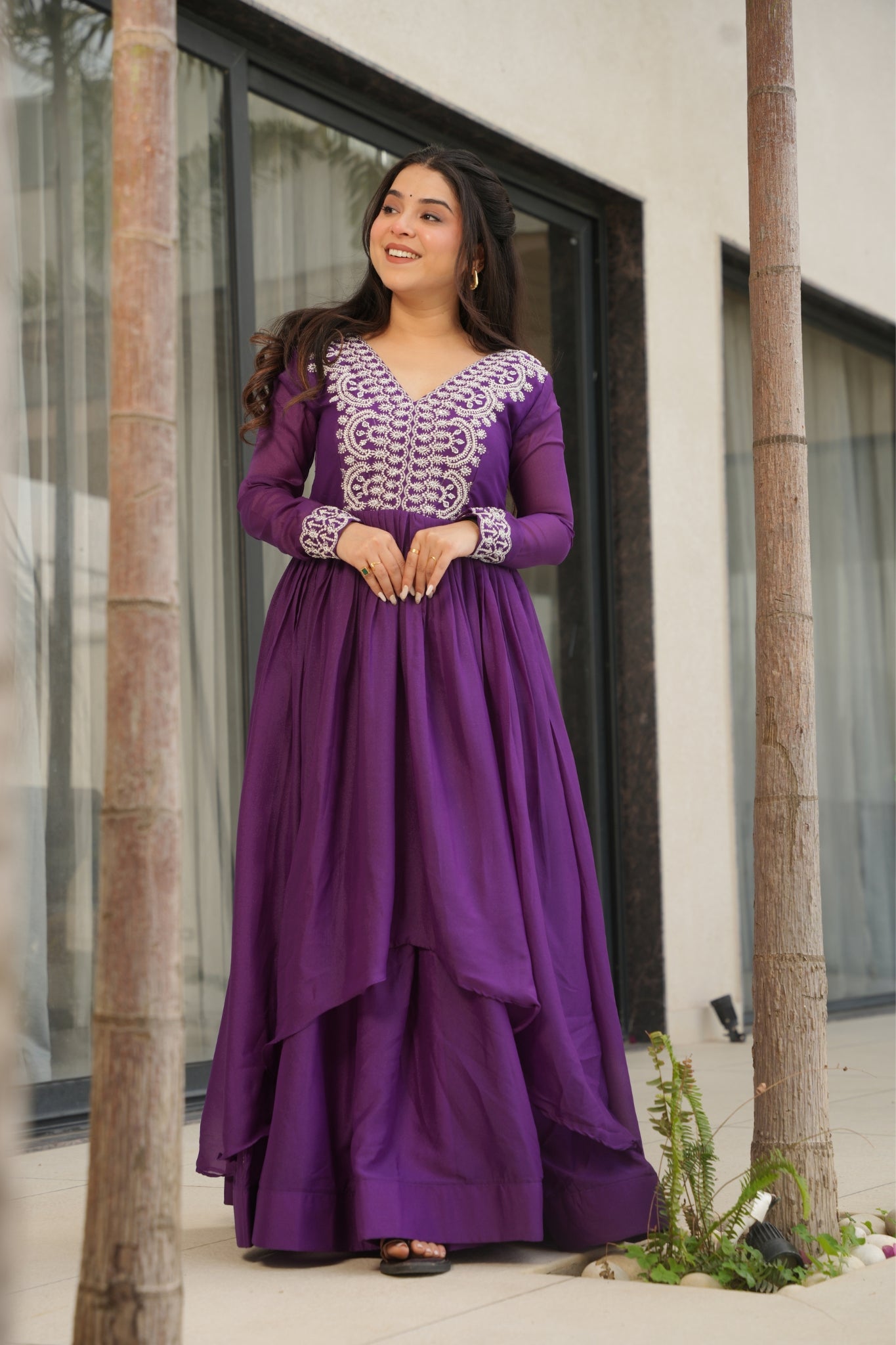 Georgette Embroidered Beads Sequins Work Double Flair Wedding Stylish Gown
