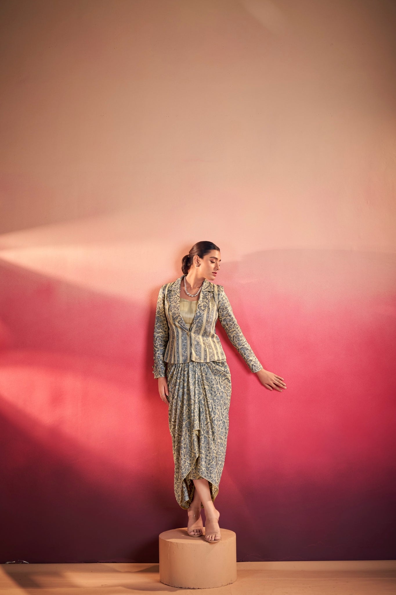 Premium Printed Tasar Silk Co-Ord Set With Draped Skirt & Tailored Jacket