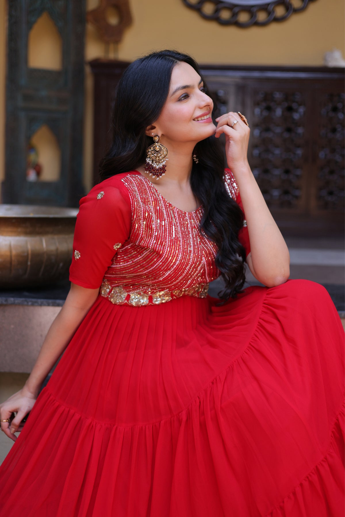 Rani Pink & Red Faux Blooming Designer Sequins Embroidered Tiered Flared Anarkali Gown