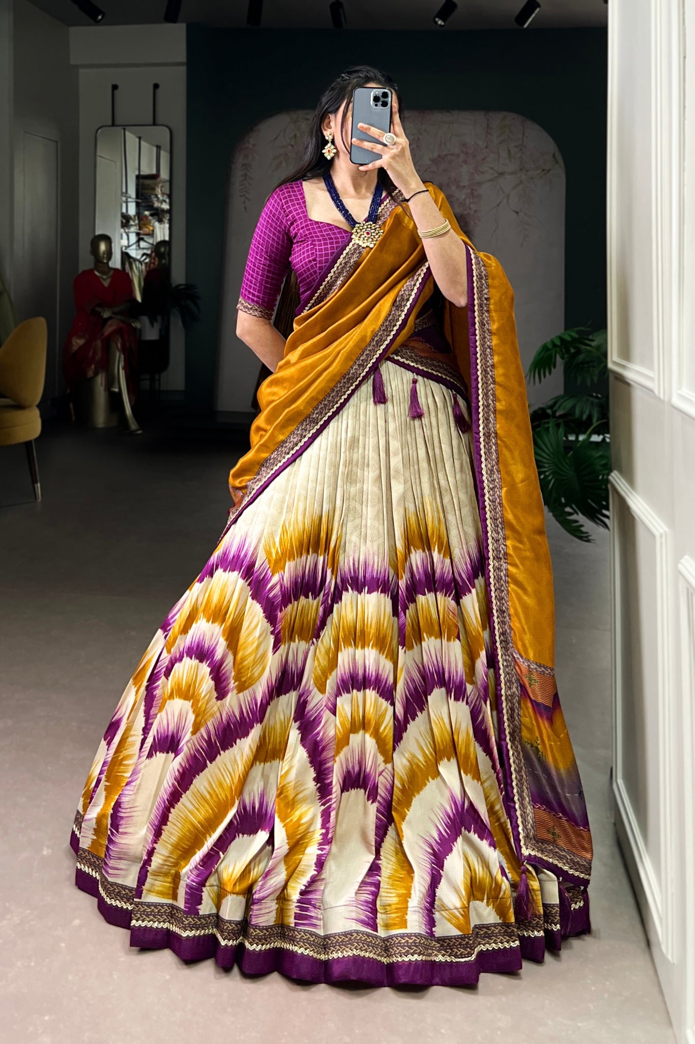 Tasar Silk Tie Dye Lehenga Set With Printed Dupatta And Chex Blouse