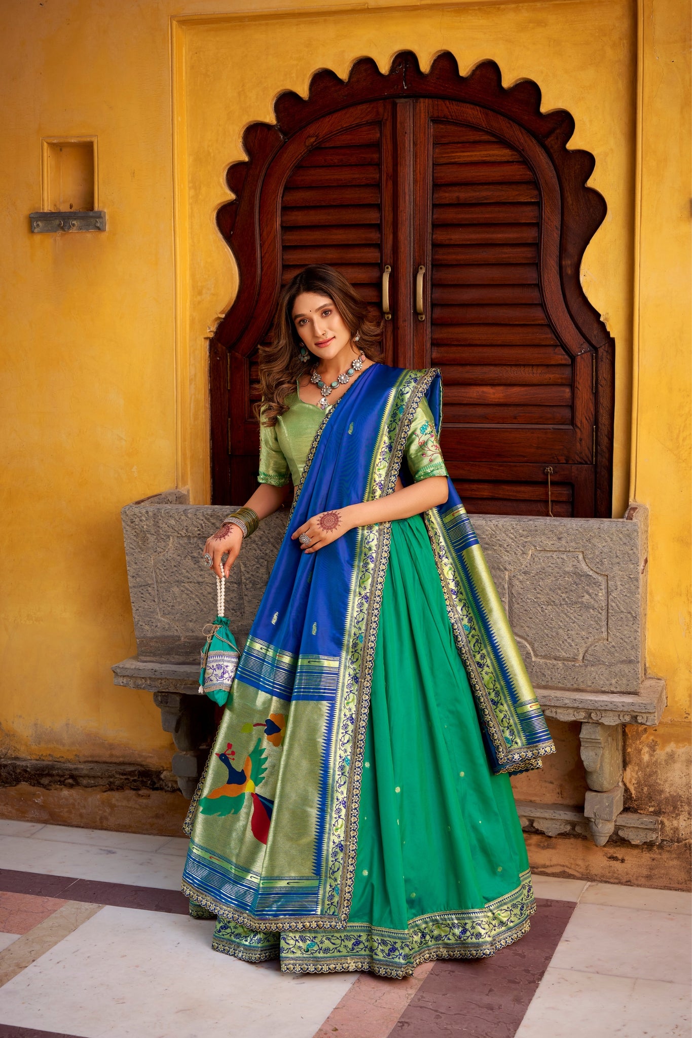 Designer Premium Paithani Soft Silk Zari Weaving Sequins With Thread Embroidery Lehenga Set